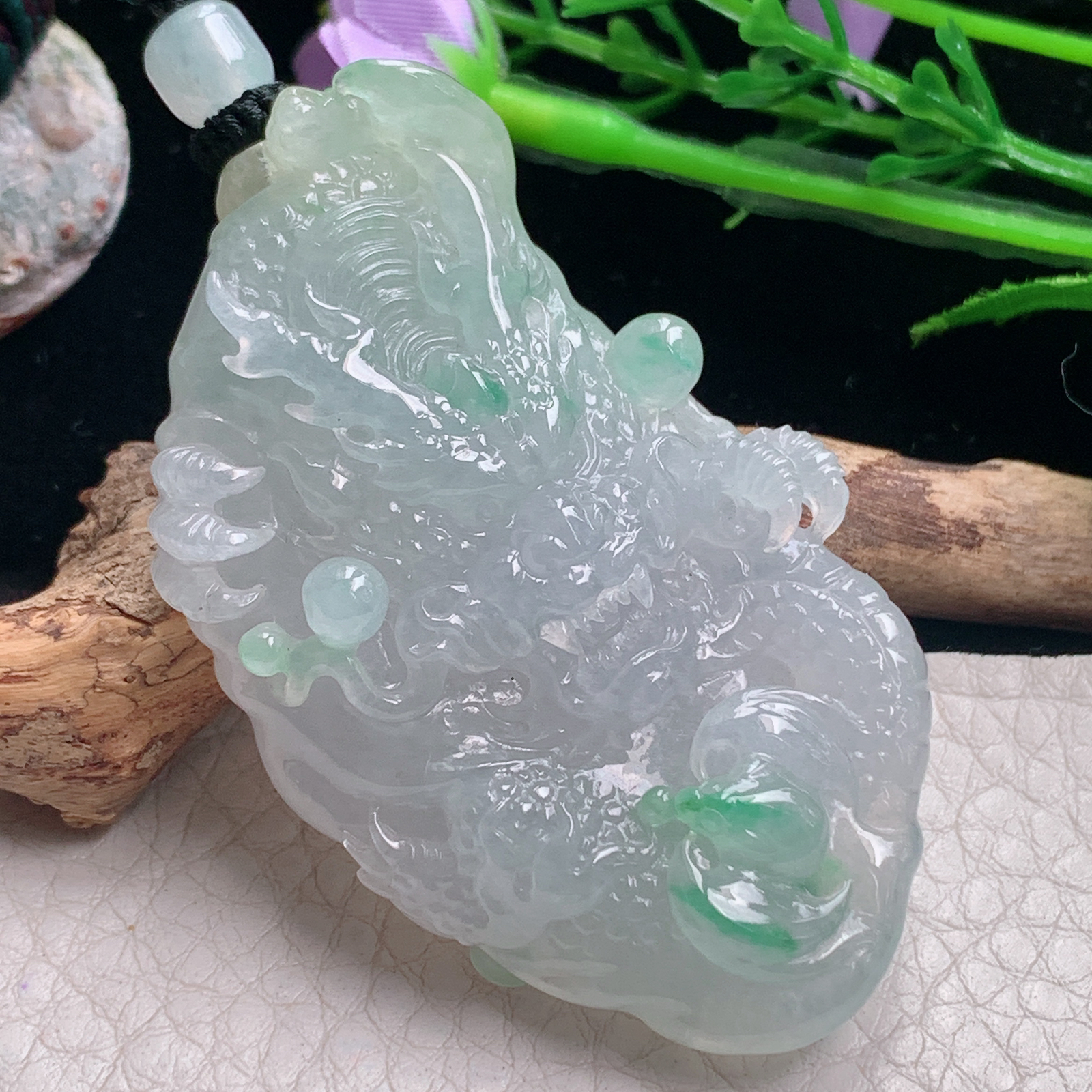 csy实拍59*36*14.2天然缅甸翡翠精雕冰飘绿花龙行天下 龙牌玉吊坠