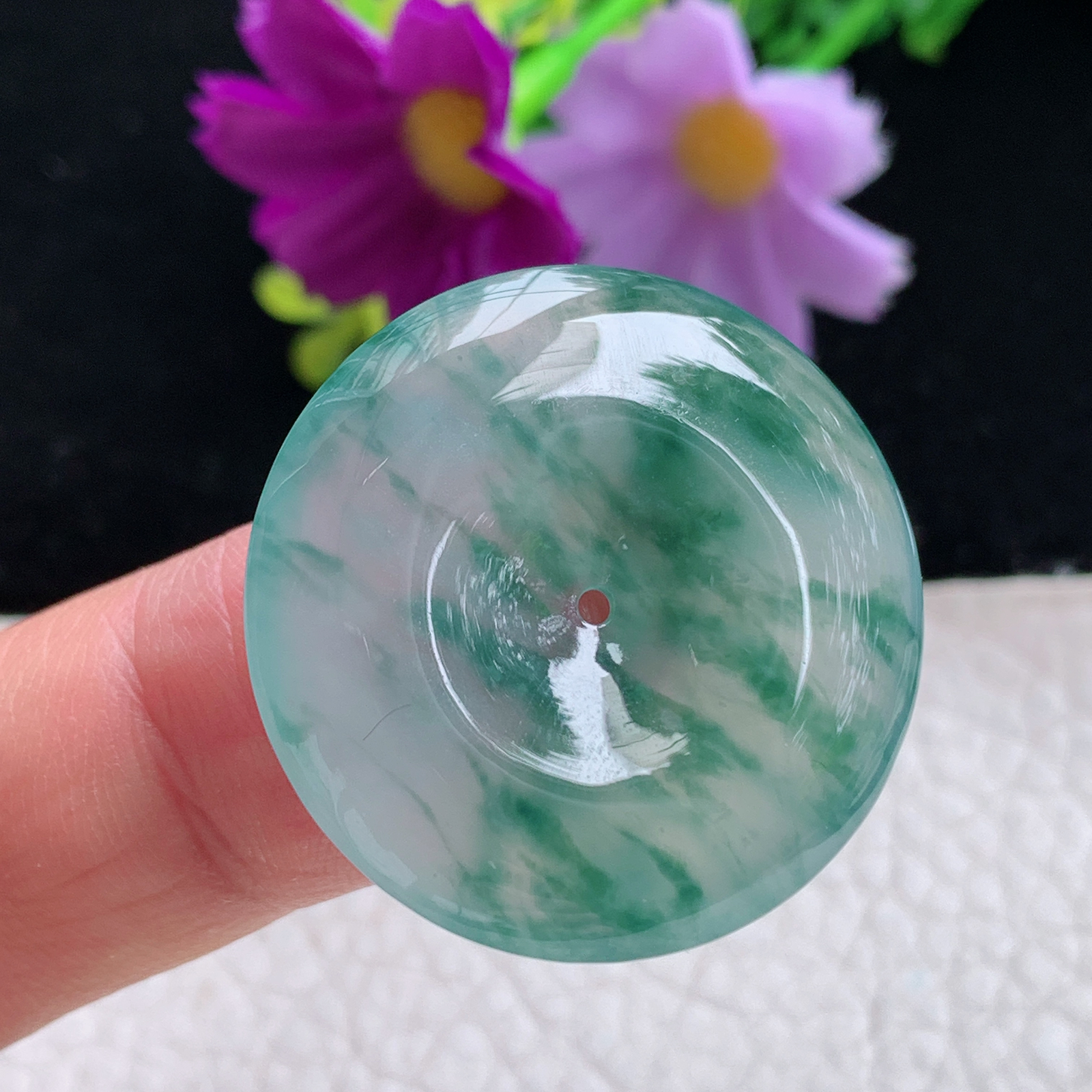 zz3实拍31*5.5天然缅甸翡翠冰飘花平安吊坠 简约高雅玉扣子玉坠