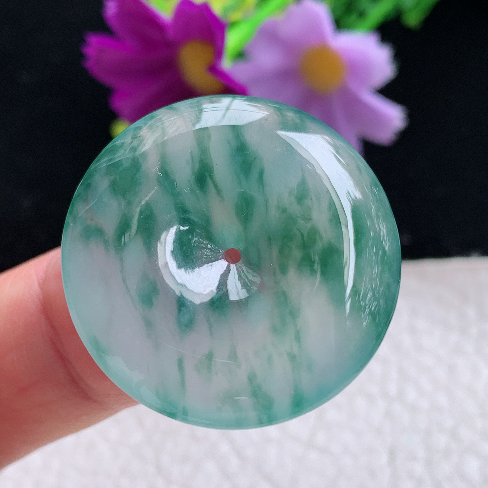 zz3实拍31*5.5天然缅甸翡翠冰飘花平安吊坠 简约高雅玉扣子玉坠