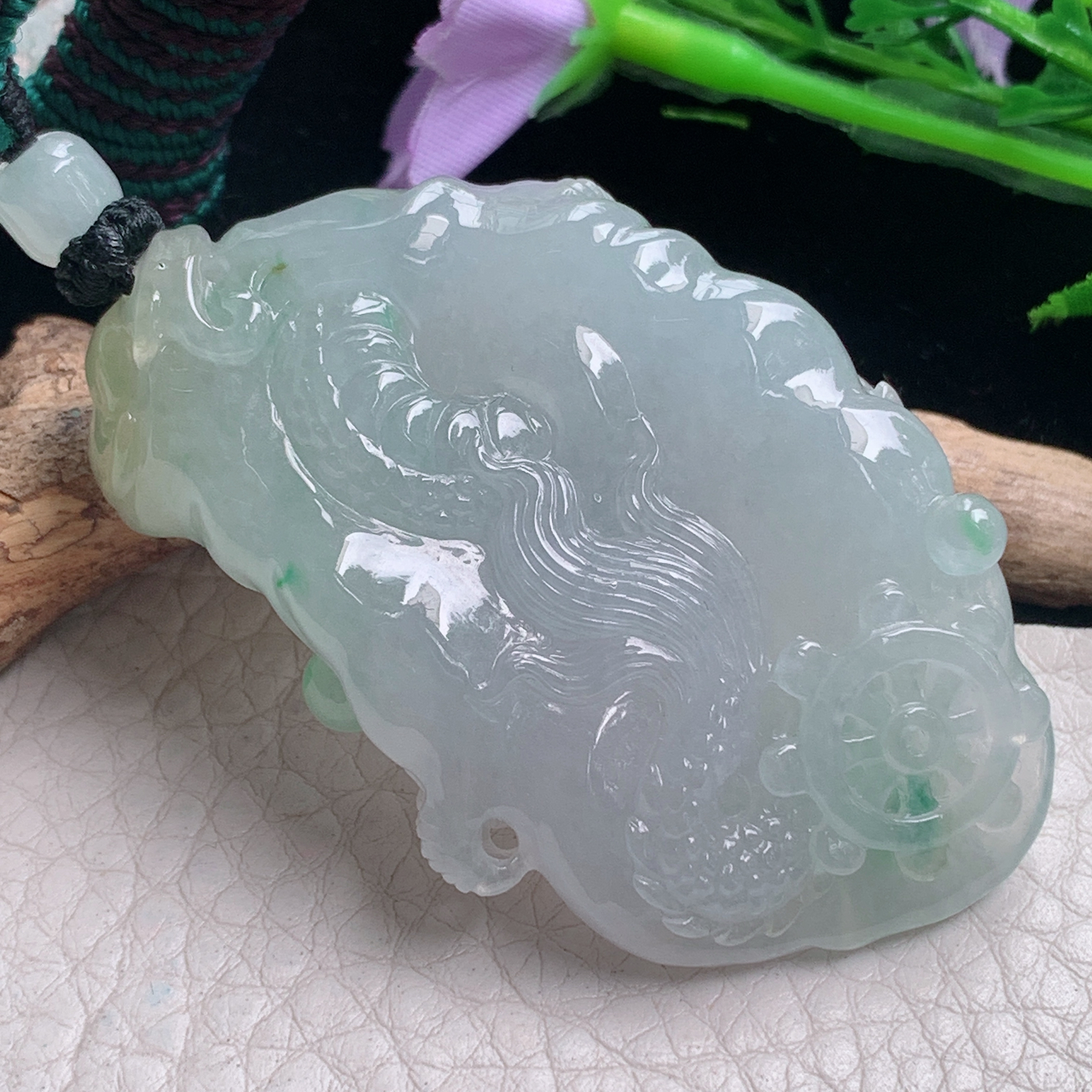 csy实拍59*36*14.2天然缅甸翡翠精雕冰飘绿花龙行天下 龙牌玉吊坠