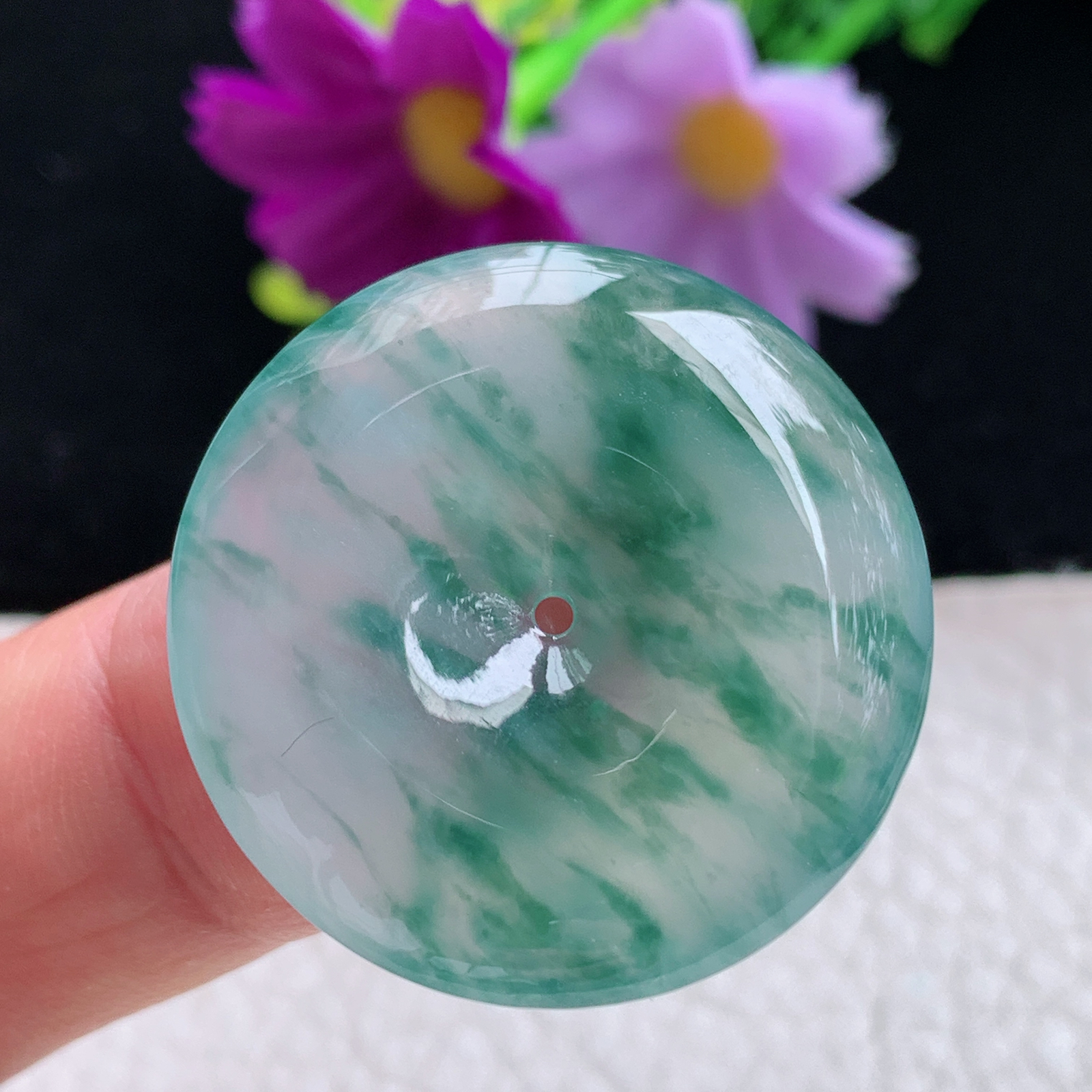 zz3实拍31*5.5天然缅甸翡翠冰飘花平安吊坠 简约高雅玉扣子玉坠