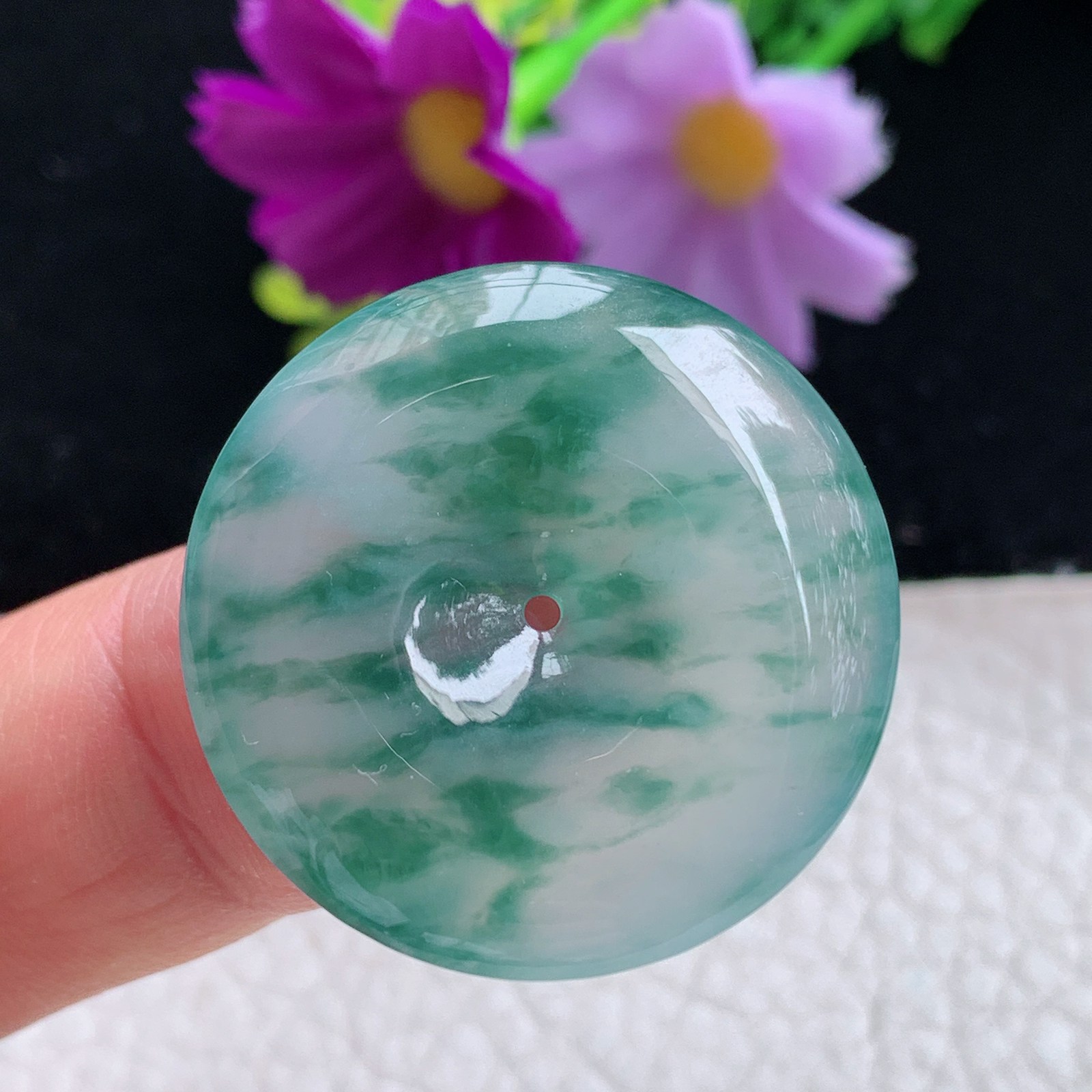 zz3实拍31*5.5天然缅甸翡翠冰飘花平安吊坠 简约高雅玉扣子玉坠