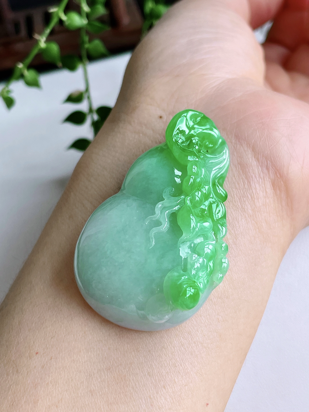 【裸石】冰飘阳绿葫芦吊坠
【说明】缅料 性价比高  
【尺寸】52-32.6-11.4