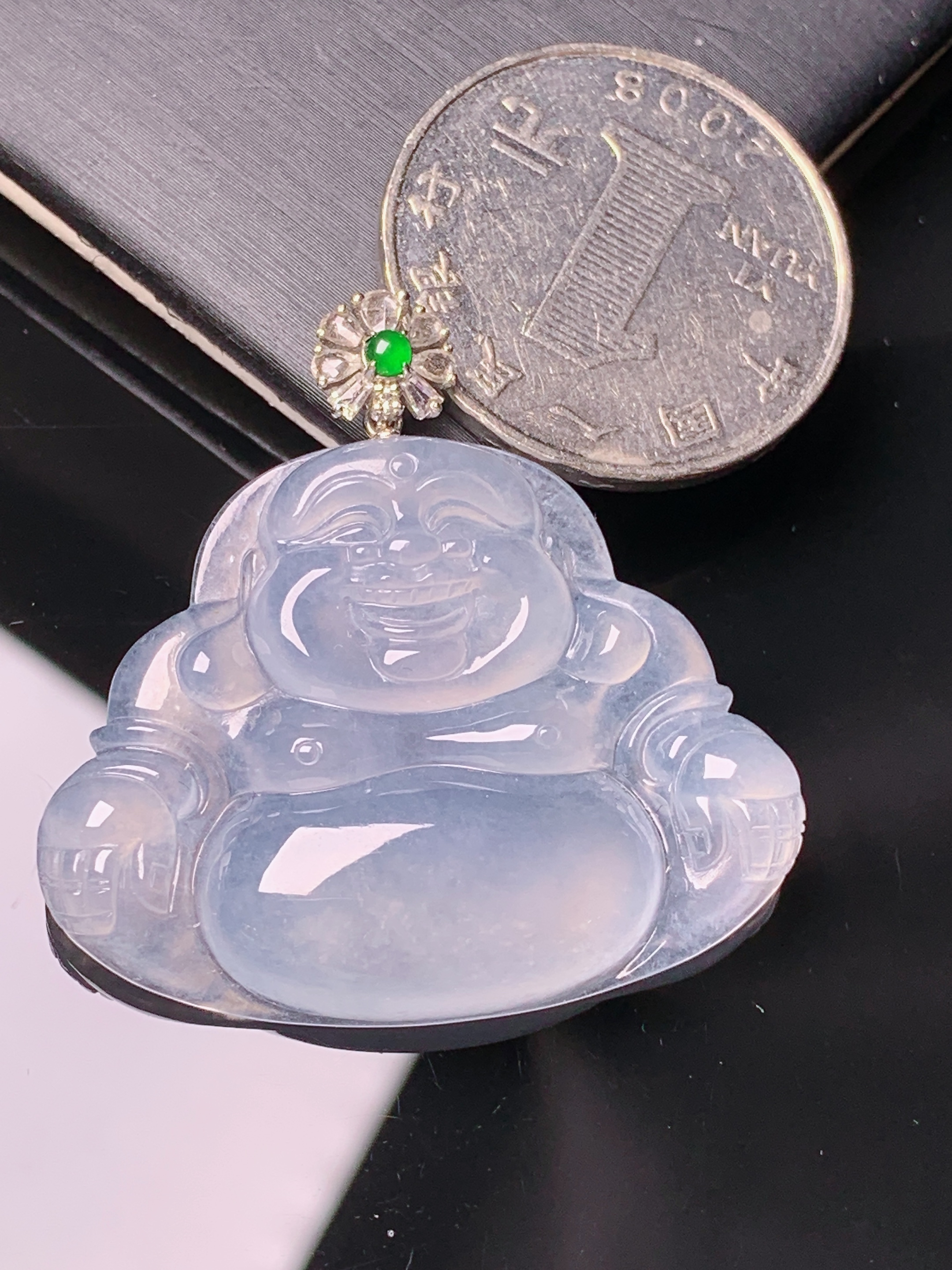 18k金钻镶嵌冰种佛公吊坠 玉质细腻 色泽艳丽清新 水润亮眼 整体尺寸35.7*36*5.5y4