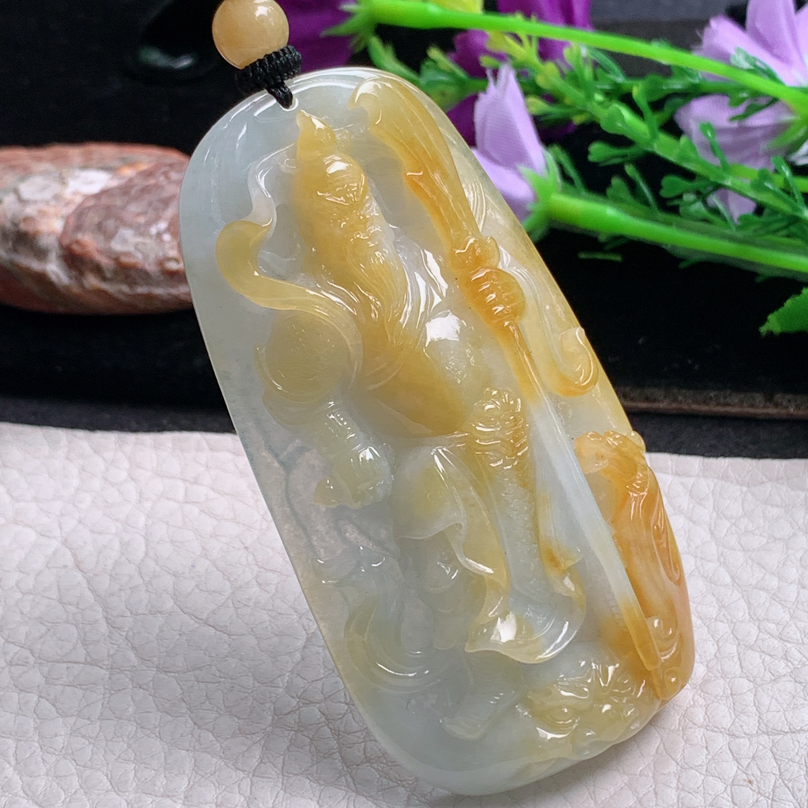 csy实拍75*39.8*11天然缅甸翡翠冰双彩持刀关公 关二爷玉吊坠 玉挂件