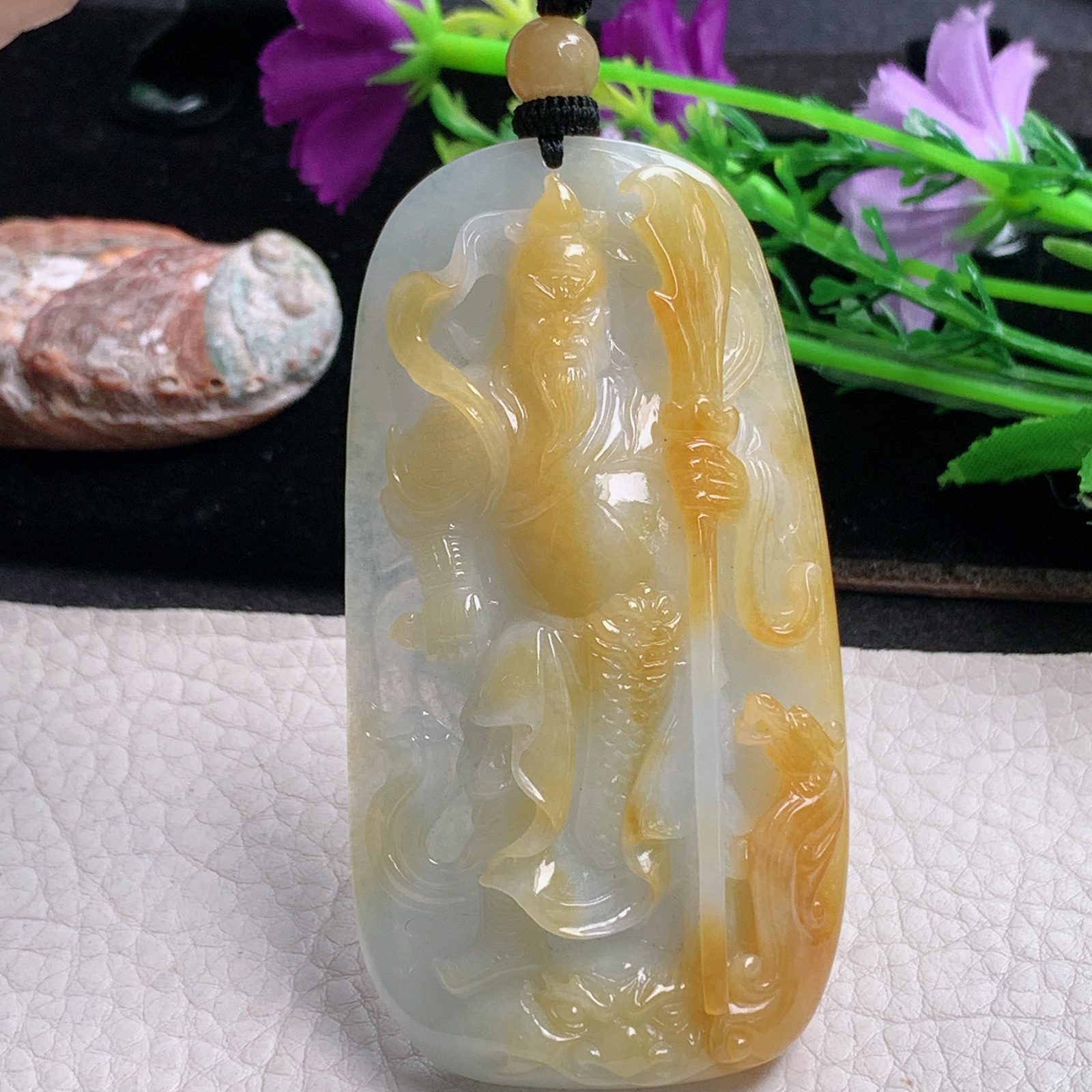 csy实拍75*39.8*11天然缅甸翡翠冰双彩持刀关公 关二爷玉吊坠 玉挂件