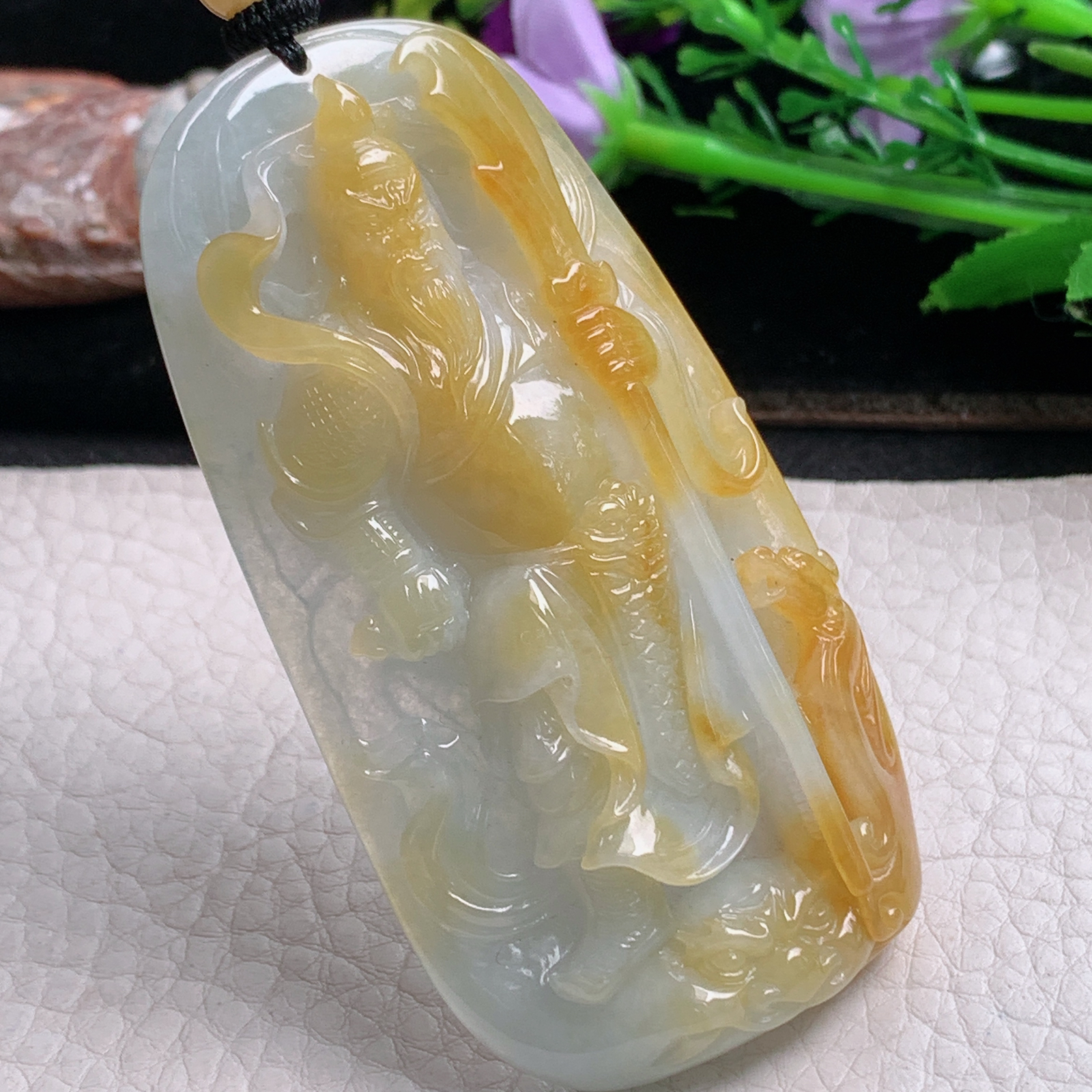 csy实拍75*39.8*11天然缅甸翡翠冰双彩持刀关公 关二爷玉吊坠 玉挂件