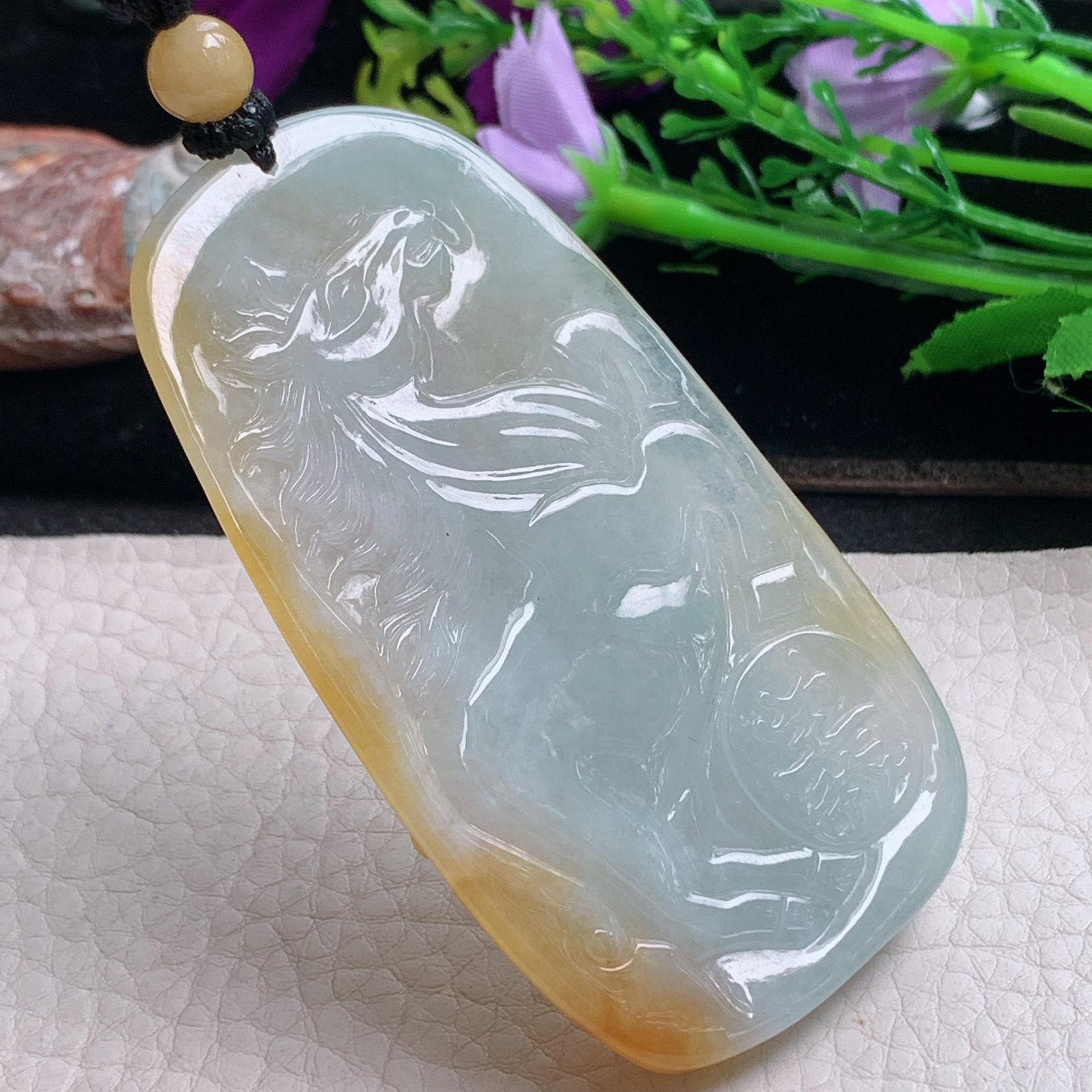 csy实拍75*39.8*11天然缅甸翡翠冰双彩持刀关公 关二爷玉吊坠 玉挂件