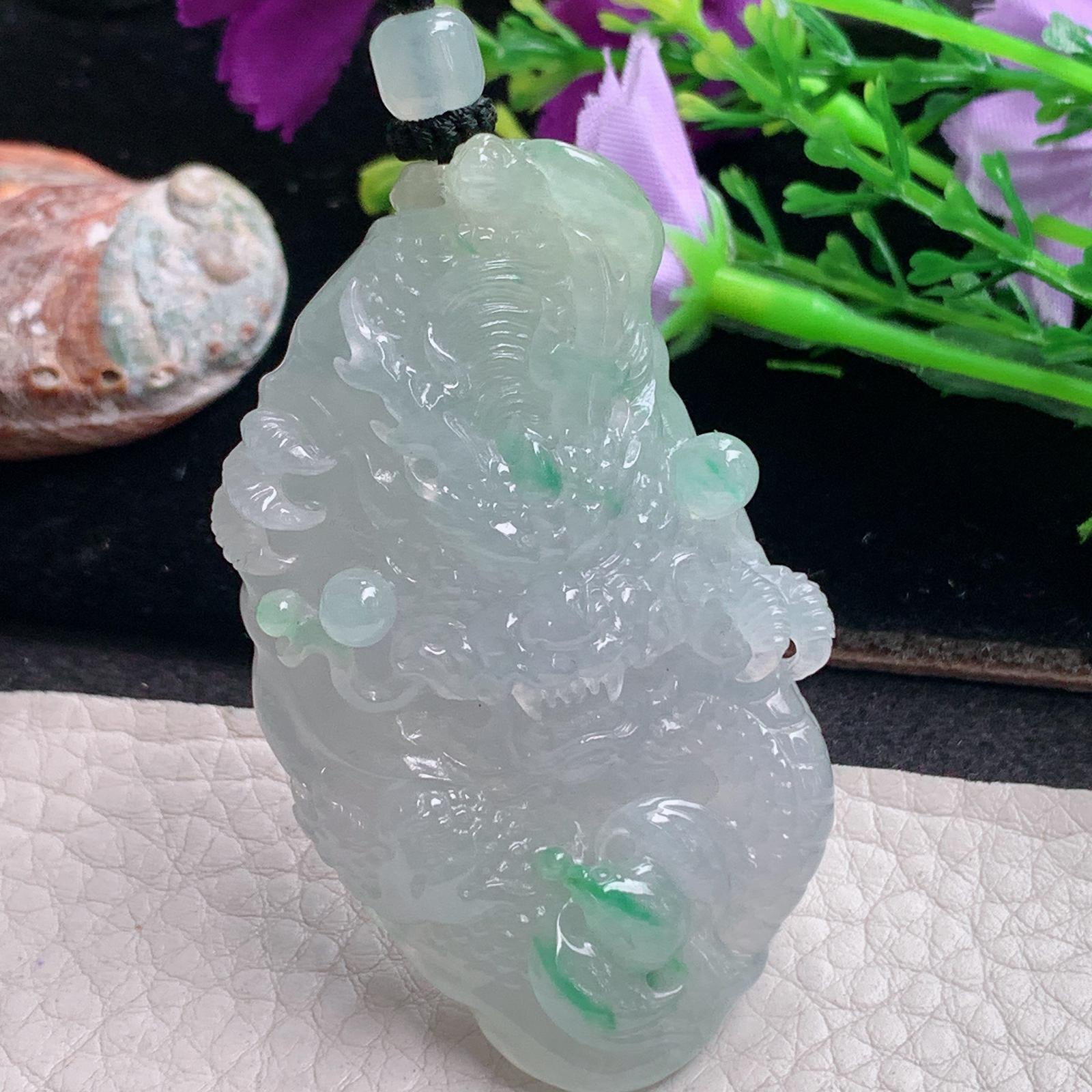 csy实拍59*36*14.2天然缅甸翡翠精雕冰飘绿花龙行天下 龙牌玉吊坠