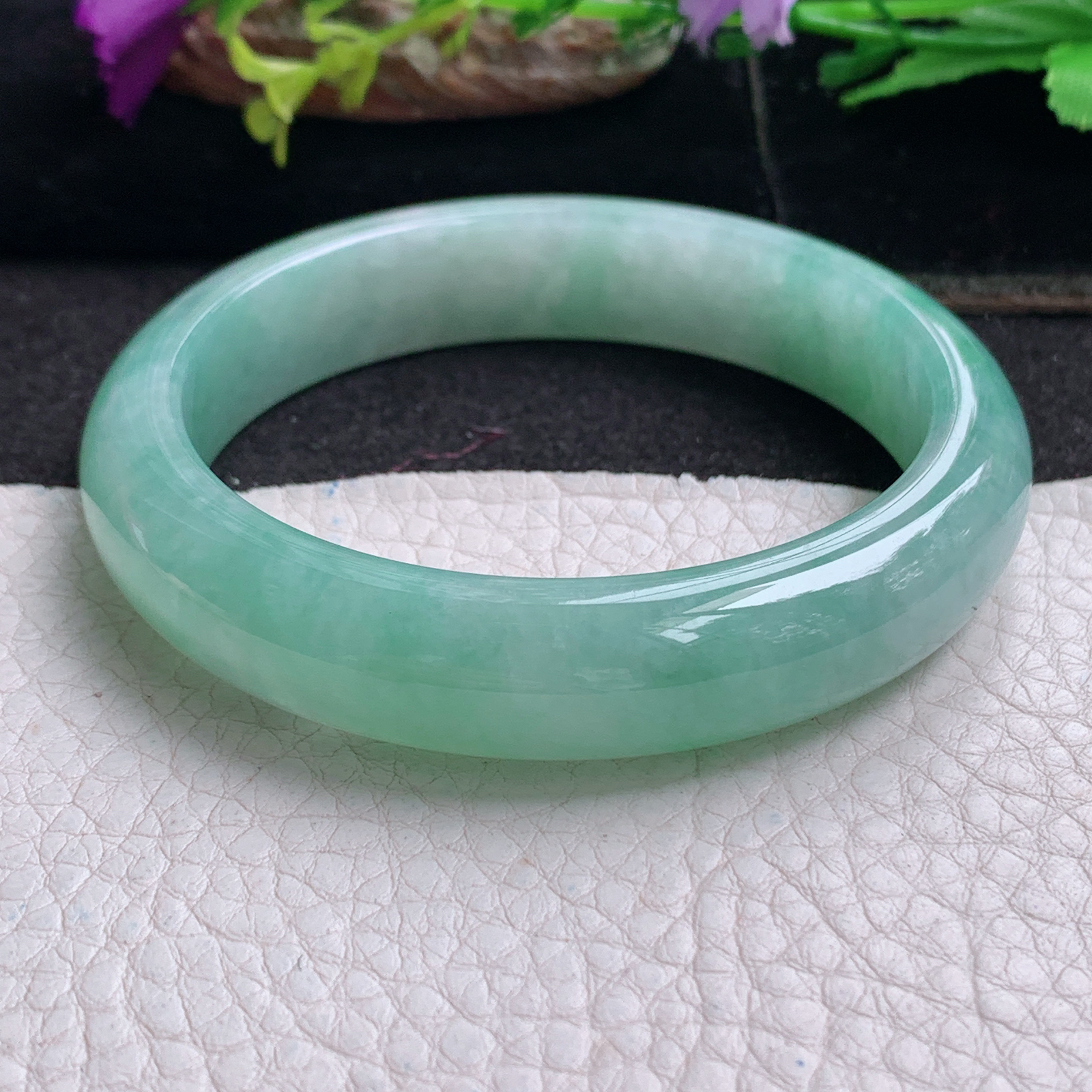 ee清新款57.5*12.7*8平安镯 天然缅甸翡翠a货手镯冰绿正圈玉镯子
