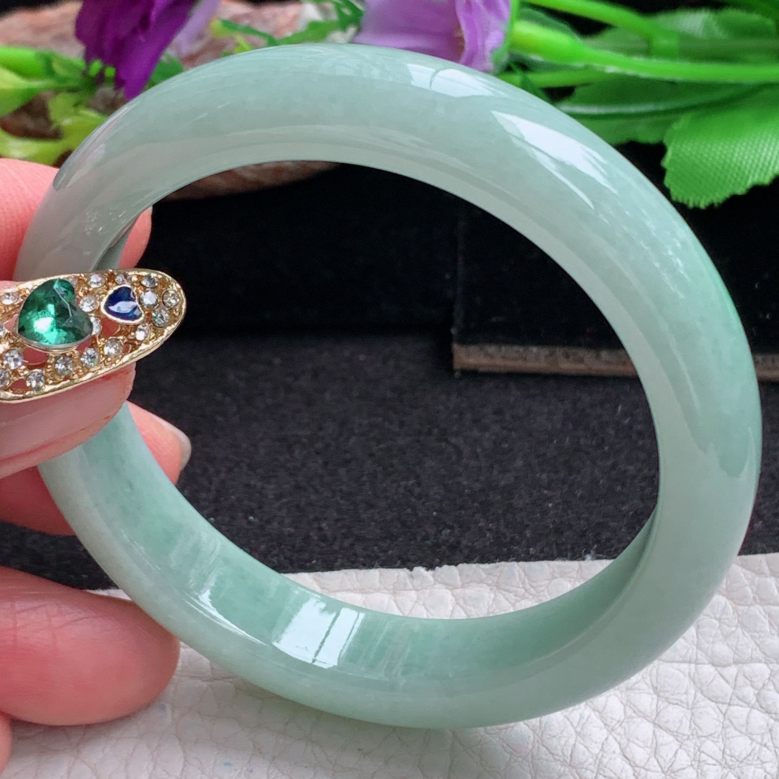 xx实拍53.5*11.3*7.3平安镯 天然缅甸翡翠a货手镯飘绿秀气正圈玉镯子