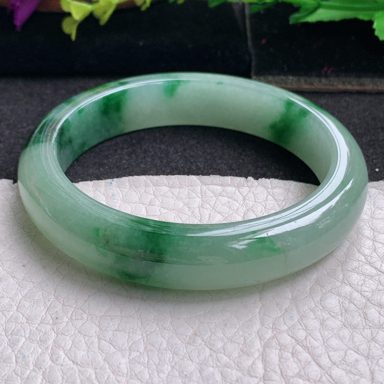 ll实拍53.5*11.8*7.8平安镯 天然缅甸翡翠a货手镯胶感飘花正圈玉镯子