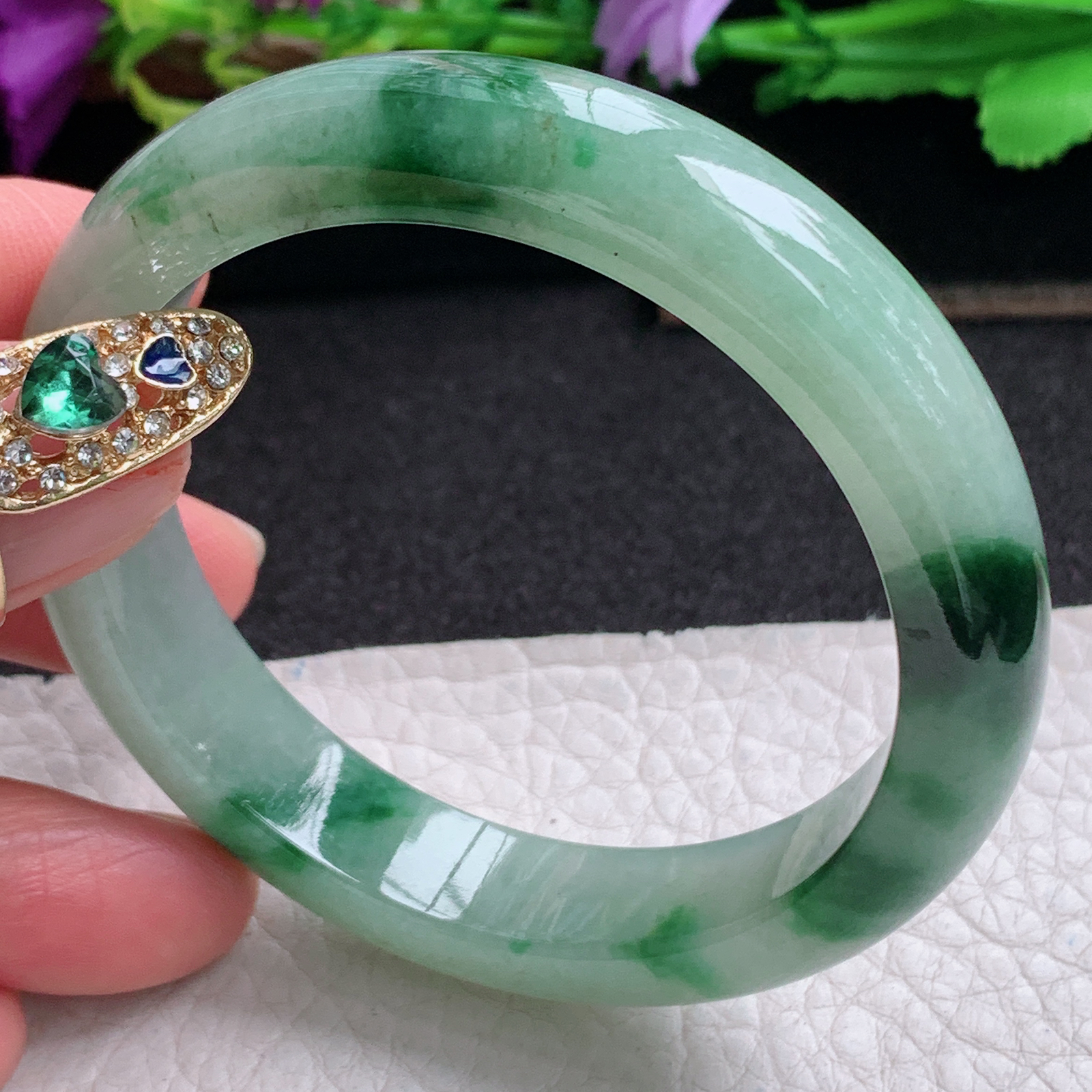 ll实拍53.5*11.8*7.8平安镯 天然缅甸翡翠a货手镯胶感飘花正圈玉镯子