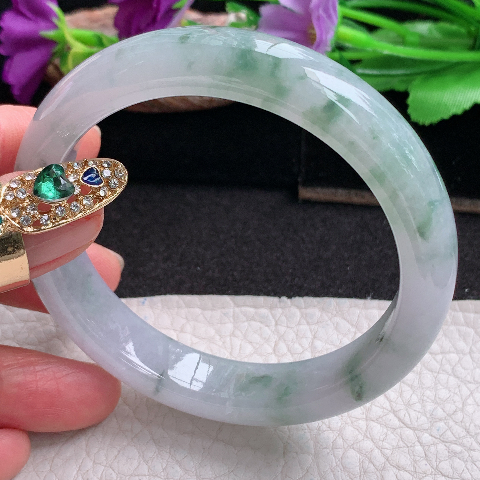 xx飘逸款57.5*12.8*8平安镯 天然缅甸翡翠a货手镯冰飘花正圈玉镯子