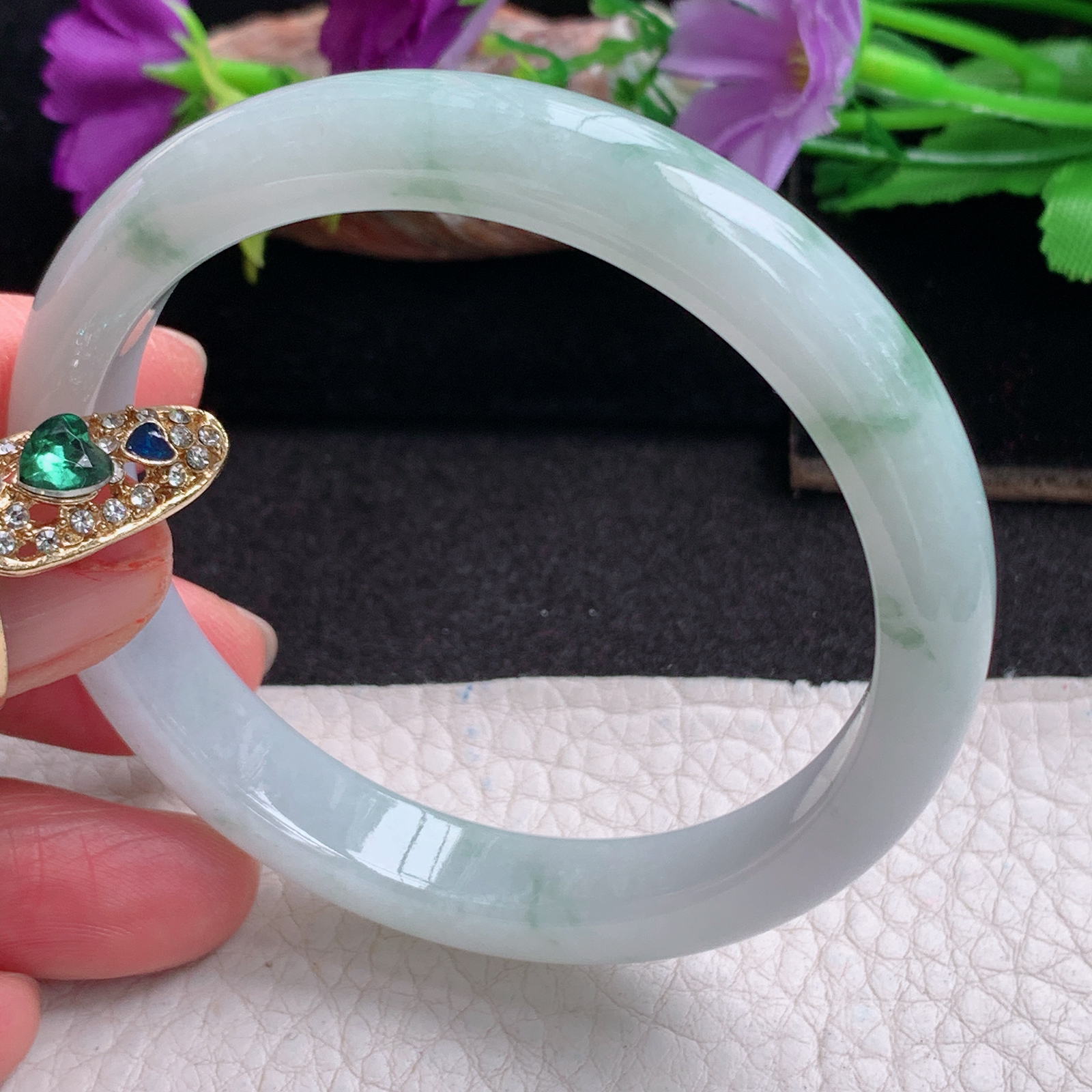 xx实拍56*10*7平安镯 天然缅甸翡翠a货手镯冰飘花正圈玉镯子