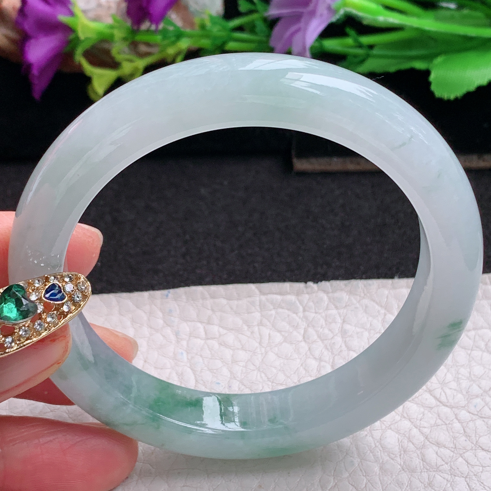 ll实拍57*11.3*8.8平安镯 天然缅甸翡翠a货手镯冰飘花正圈玉镯子