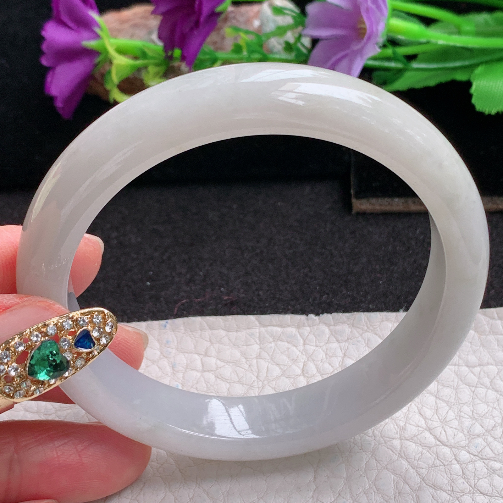 ll实拍58*12*7.8平安镯 天然缅甸翡翠a货手镯淡雅正圈玉镯子