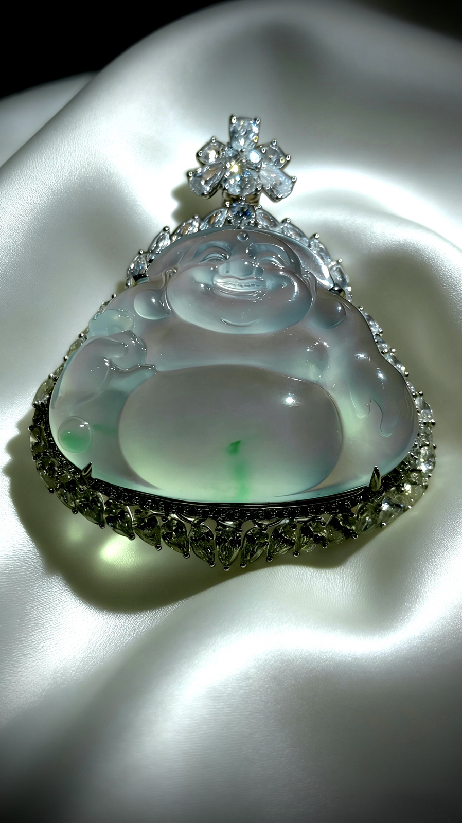 自在弥勒佛，
笑口常开，大肚能容，欢喜如意，
裸石34.5-28.5-6.5mm，
整体39.8-48.5-13.2mm，18.65g，
18K金，南非钻