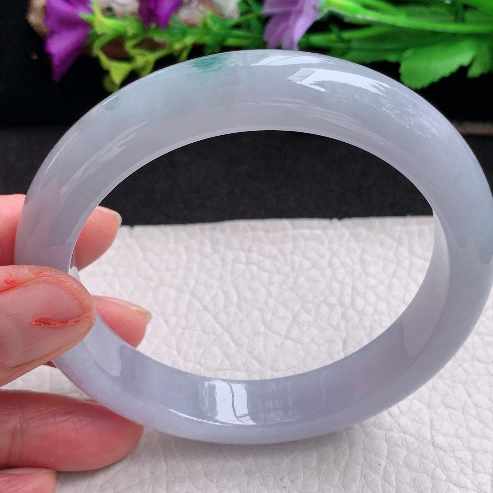 ll大圈口62.5*12.2*9平安镯 天然翡翠a货手镯胶感紫底飘花正圈玉镯子