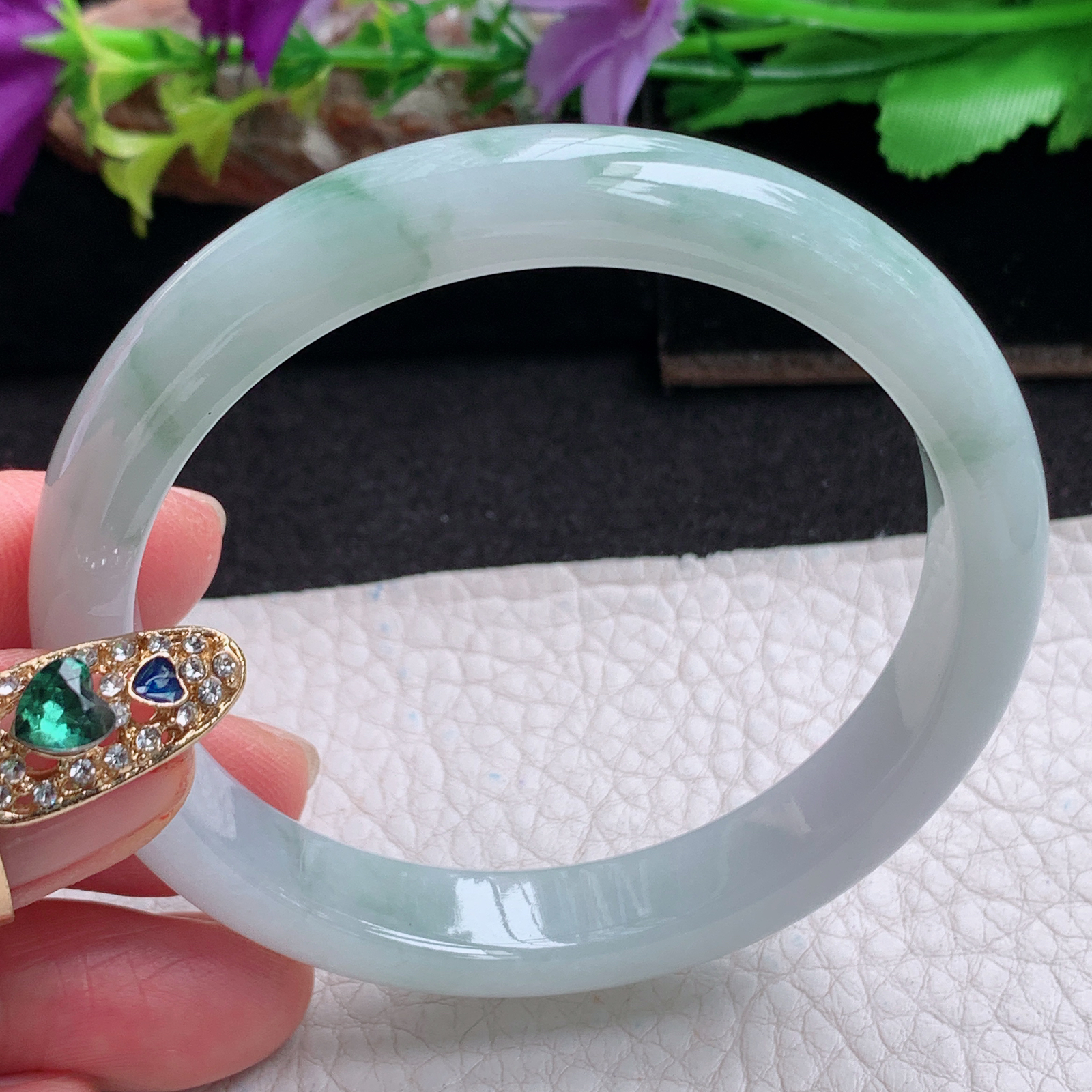 xx实拍56*10*7平安镯 天然缅甸翡翠a货手镯冰飘花正圈玉镯子