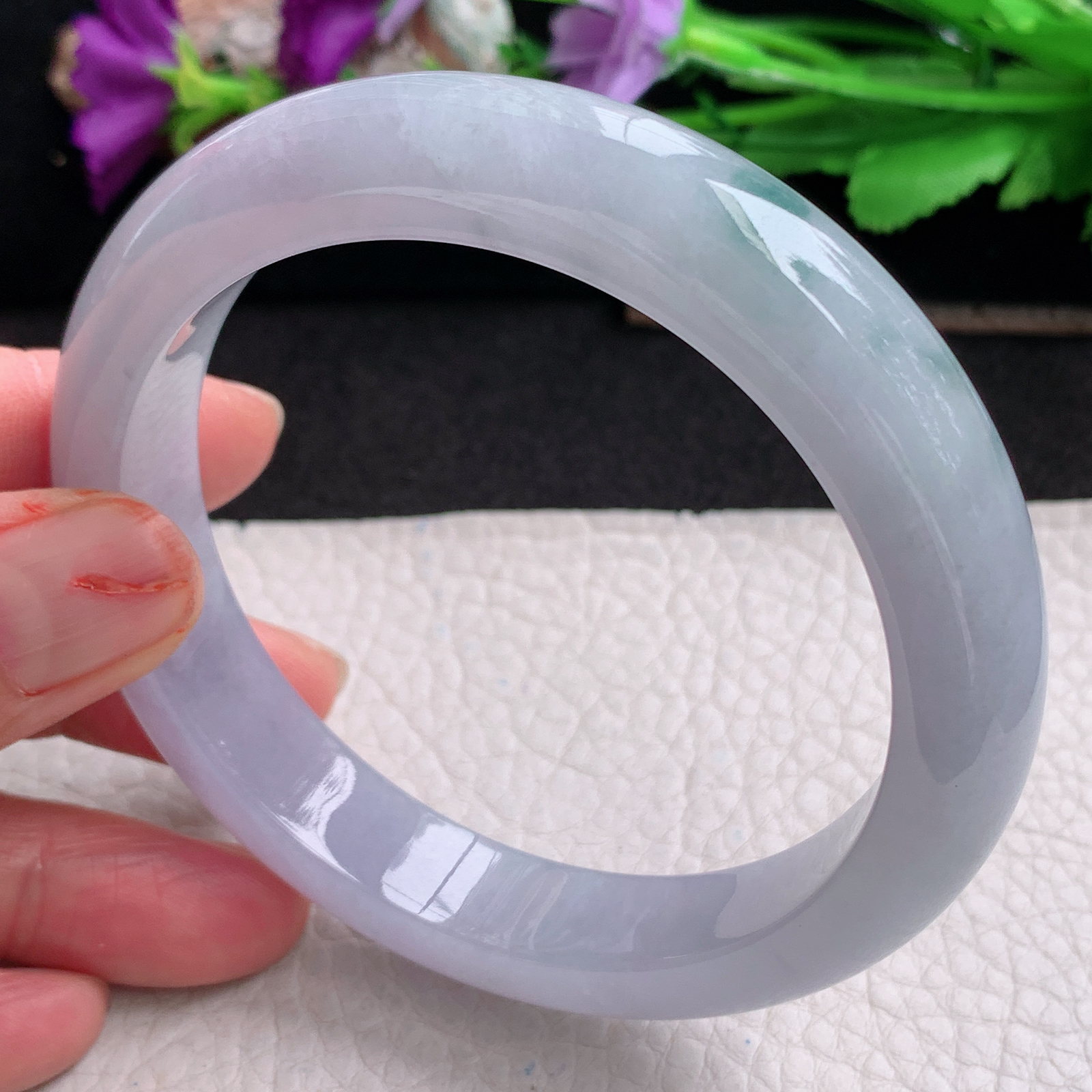 ll大圈口62.5*12.2*9平安镯 天然翡翠a货手镯胶感紫底飘花正圈玉镯子