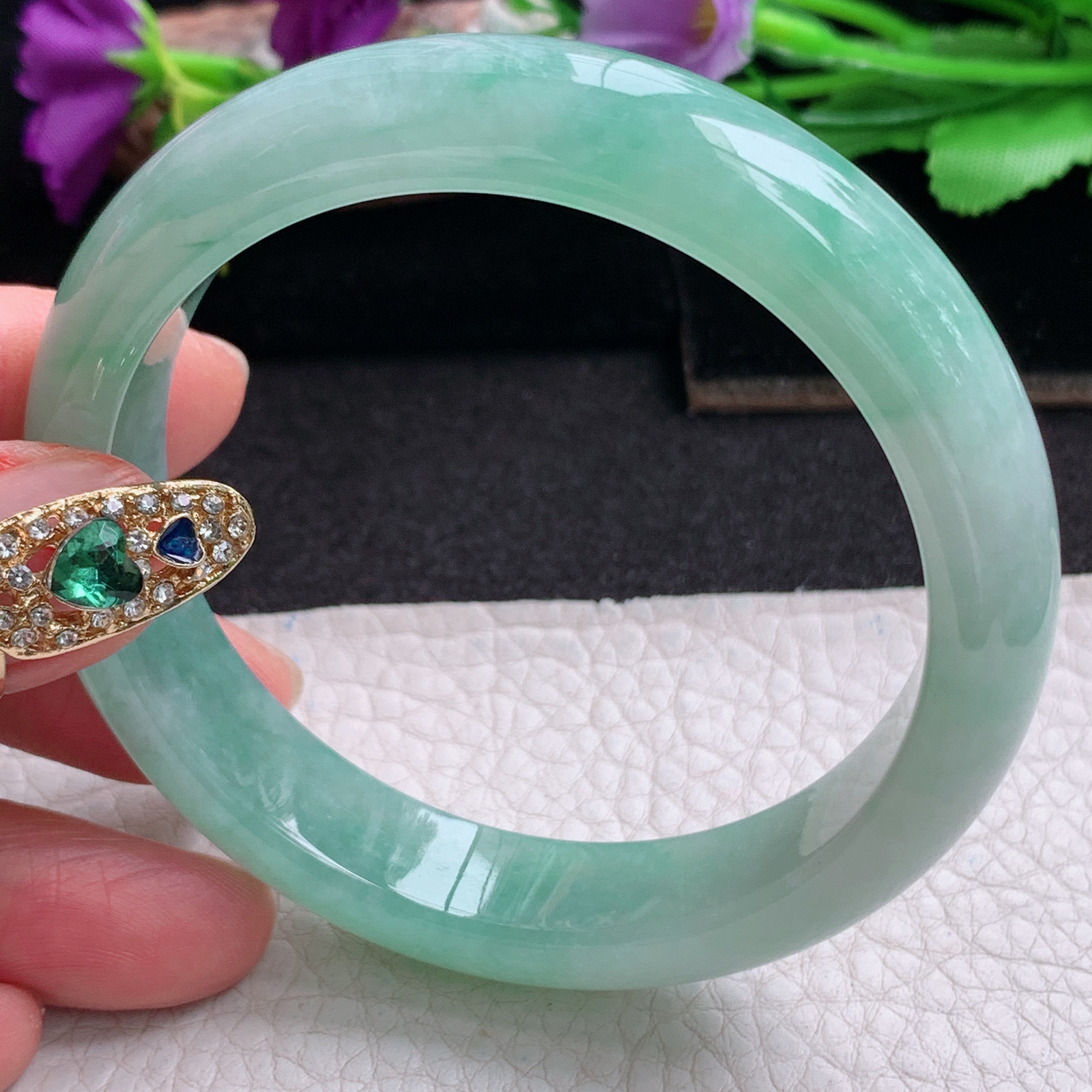 ee清新款57.5*12.7*8平安镯 天然缅甸翡翠a货手镯冰绿正圈玉镯子