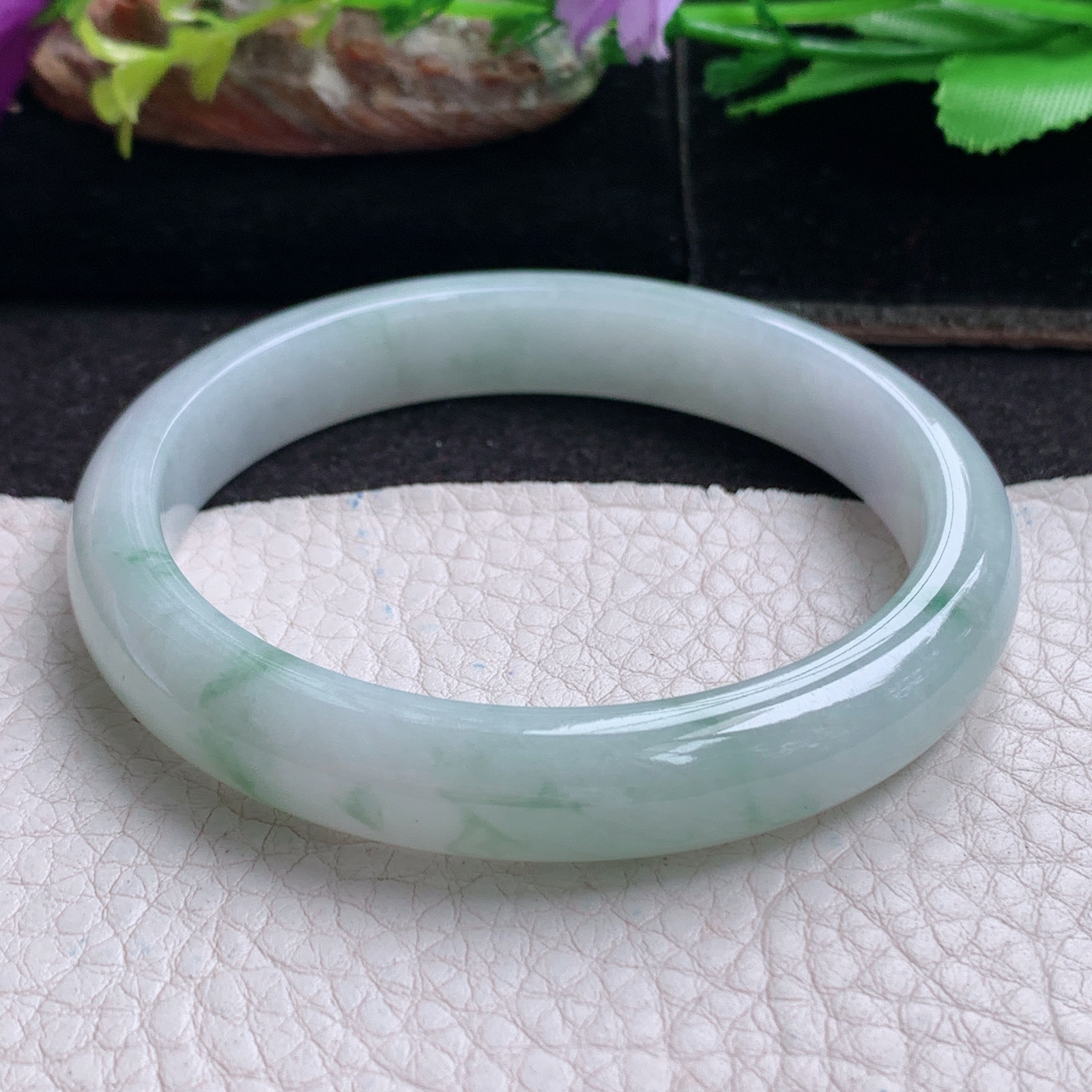 xx实拍56*10*7平安镯 天然缅甸翡翠a货手镯冰飘花正圈玉镯子
