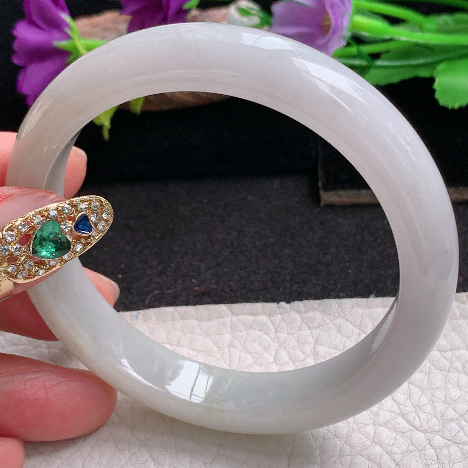 ll实拍58*12*7.8平安镯 天然缅甸翡翠a货手镯淡雅正圈玉镯子