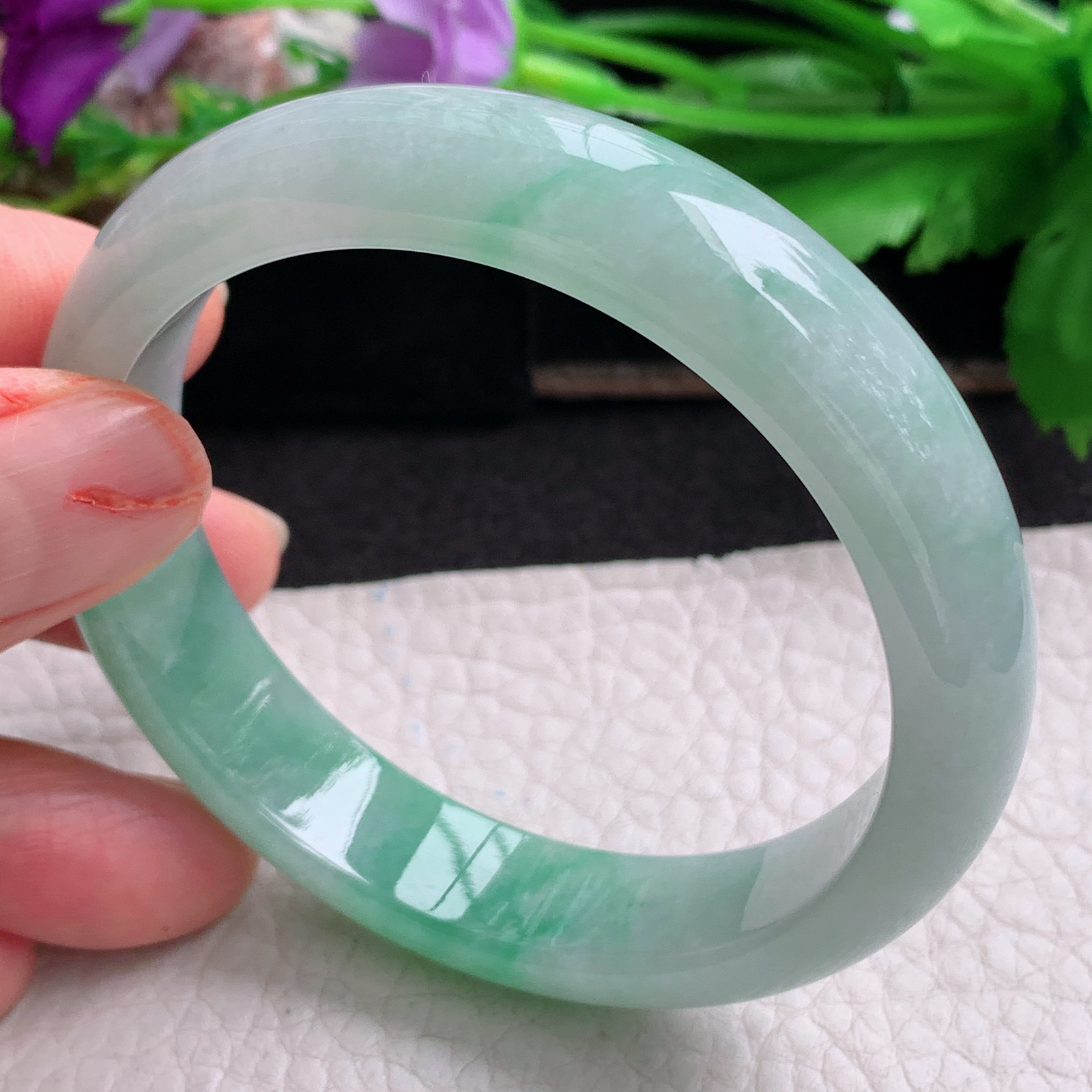 js实拍55*12.3*7.5 平安镯 天然翡翠a货手镯胶感辣鸡飘绿正圈玉镯子