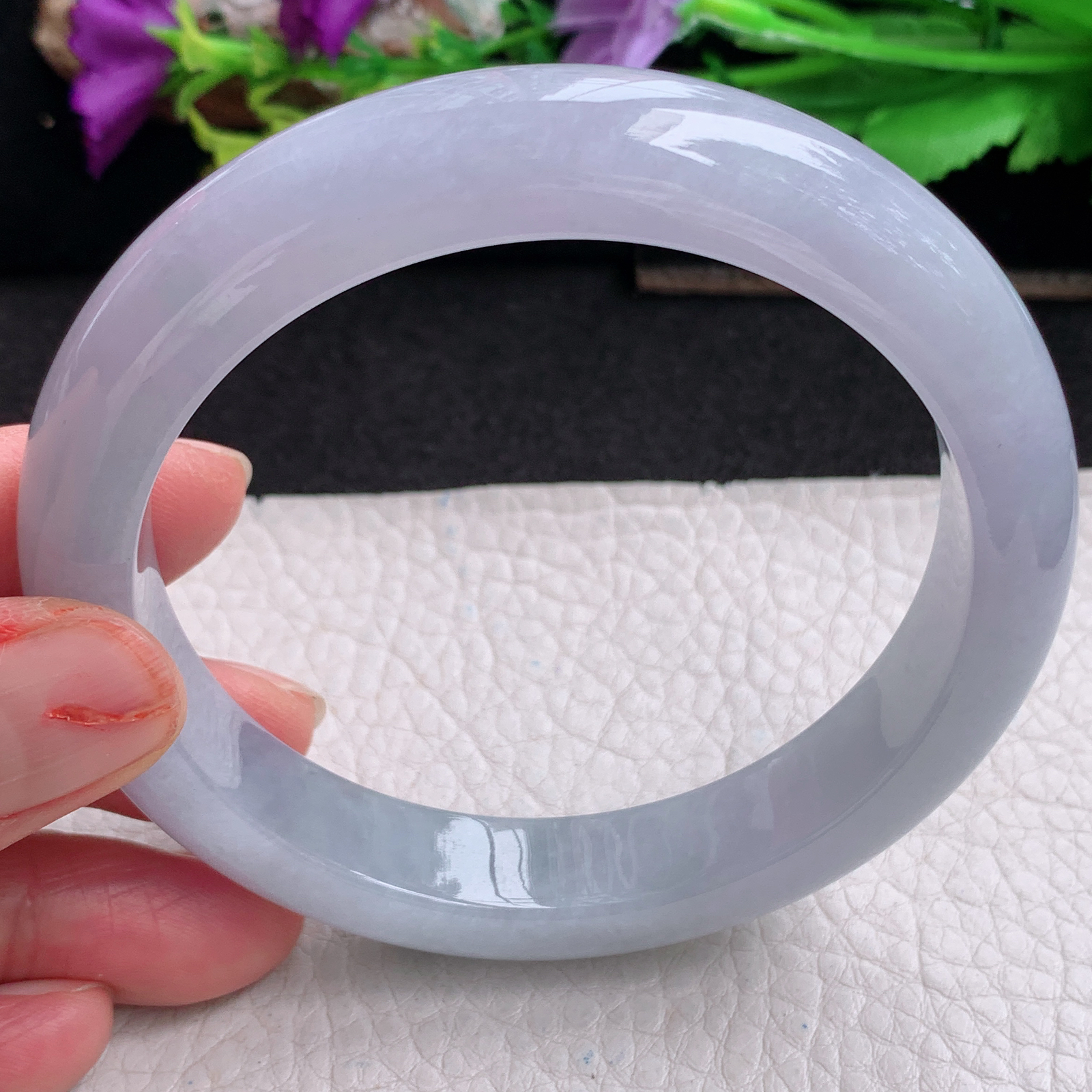 ll大圈口62.5*12.2*9平安镯 天然翡翠a货手镯胶感紫底飘花正圈玉镯子