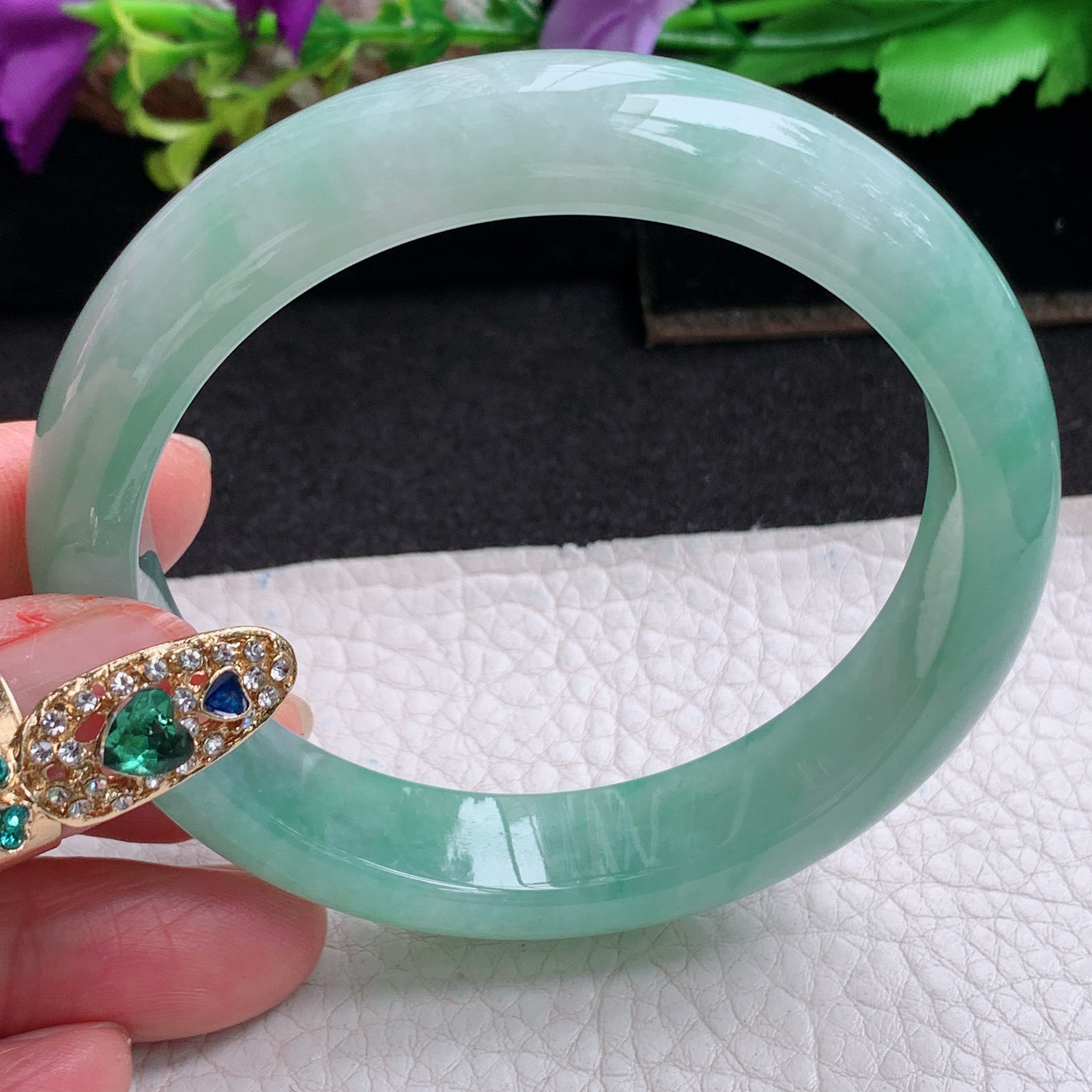 ee清新款57.5*12.7*8平安镯 天然缅甸翡翠a货手镯冰绿正圈玉镯子