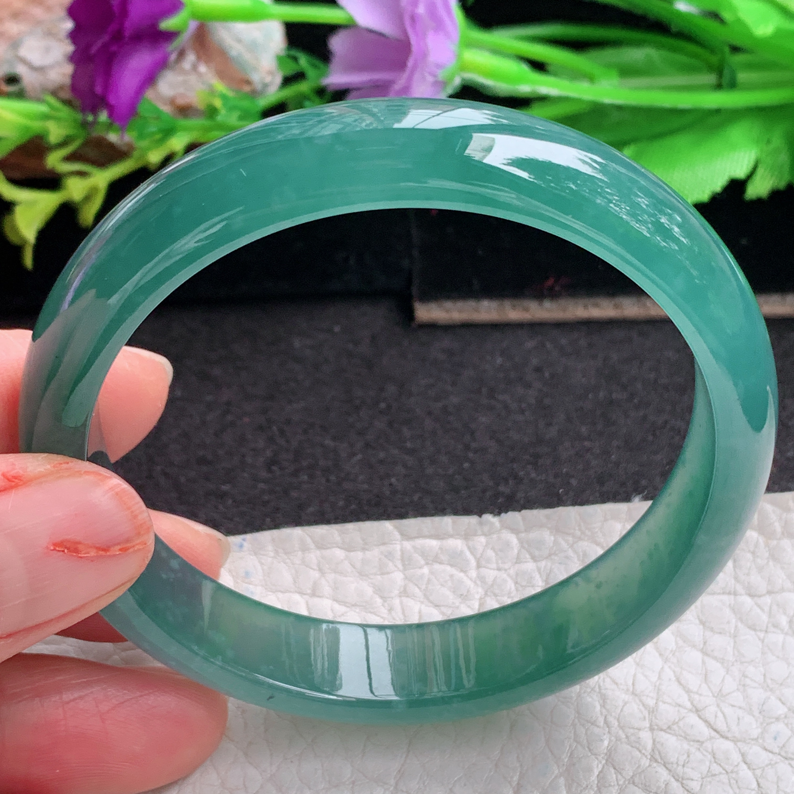 ll实拍58*12*6.8平安镯 天然翡翠a货手镯胶感冰蓝韵正圈玉镯子