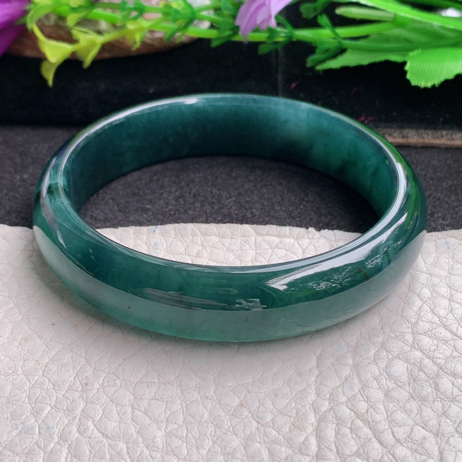 ll实拍57*13*6.8平安镯 天然翡翠a货手镯胶感蓝韵正圈玉镯子