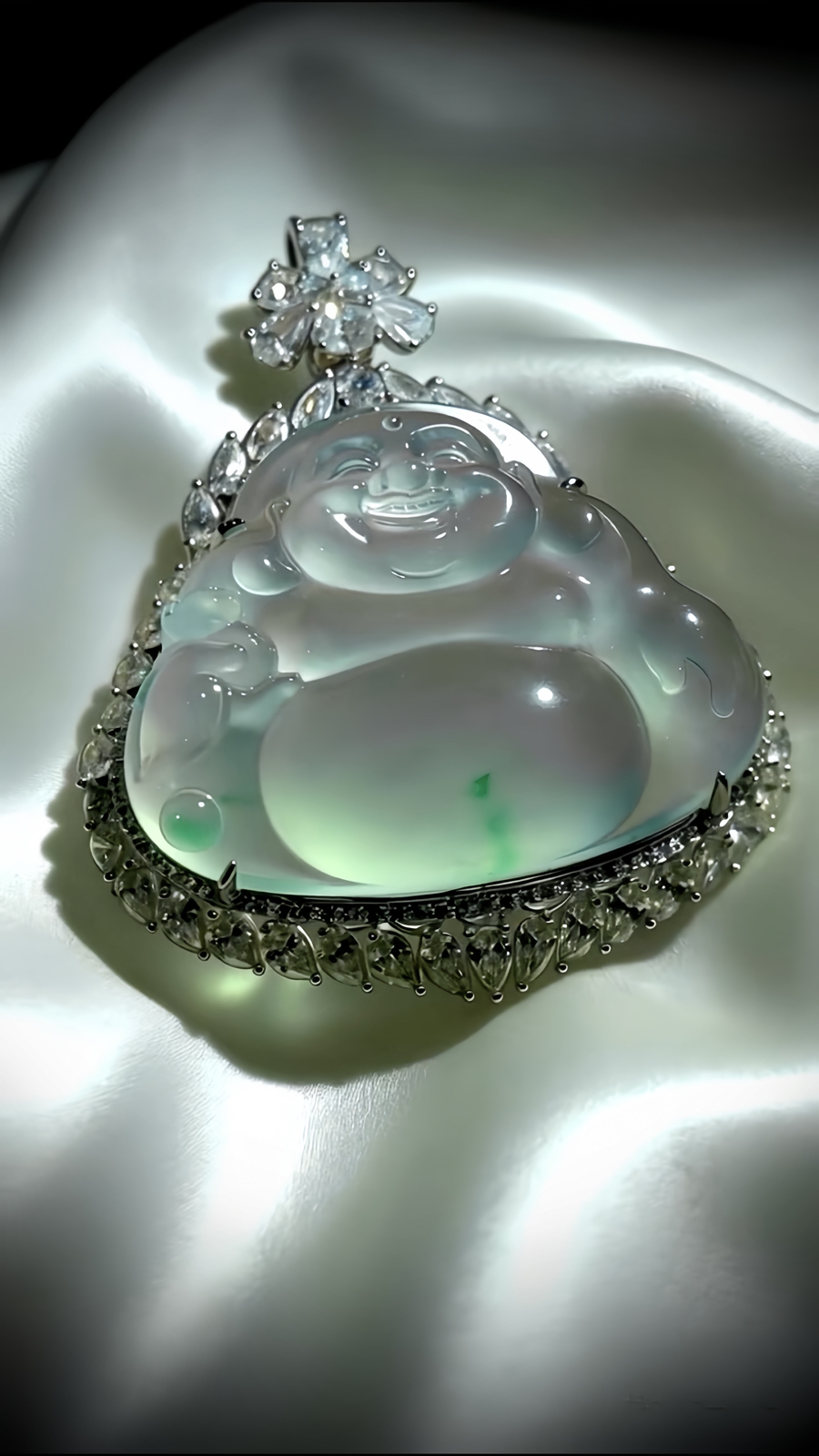 自在弥勒佛，
笑口常开，大肚能容，欢喜如意，
裸石34.5-28.5-6.5mm，
整体39.8-48.5-13.2mm，18.65g，
18K金，南非钻