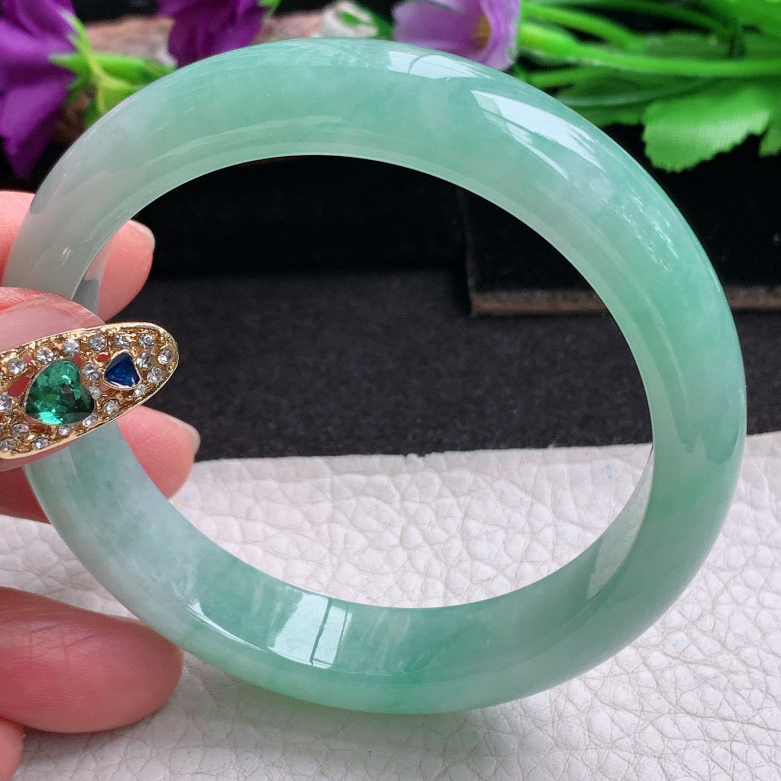 ee清新款57.5*12.7*8平安镯 天然缅甸翡翠a货手镯冰绿正圈玉镯子