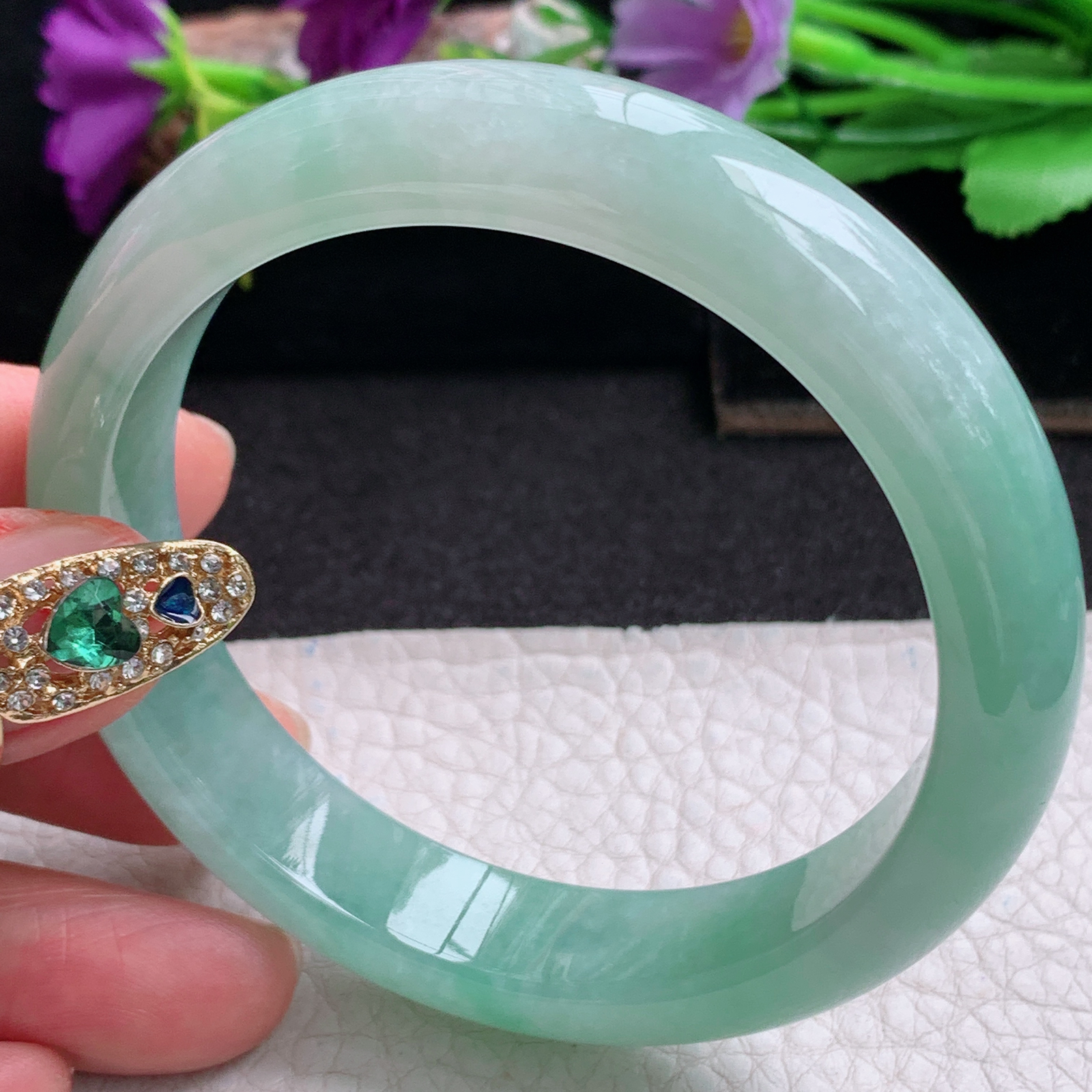 ee清新款57.5*12.7*8平安镯 天然缅甸翡翠a货手镯冰绿正圈玉镯子