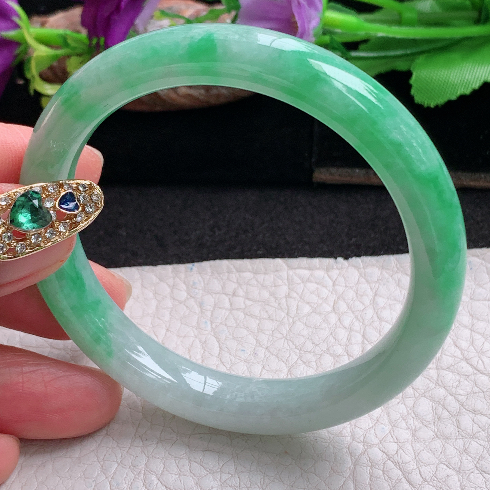 js招财款54*10*7.8平安镯 天然缅甸翡翠a货手镯半山水正圈玉镯子