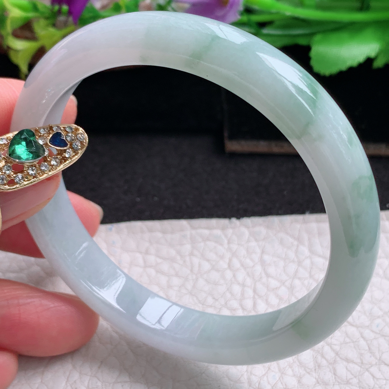 xx实拍56*10*7平安镯 天然缅甸翡翠a货手镯冰飘花正圈玉镯子