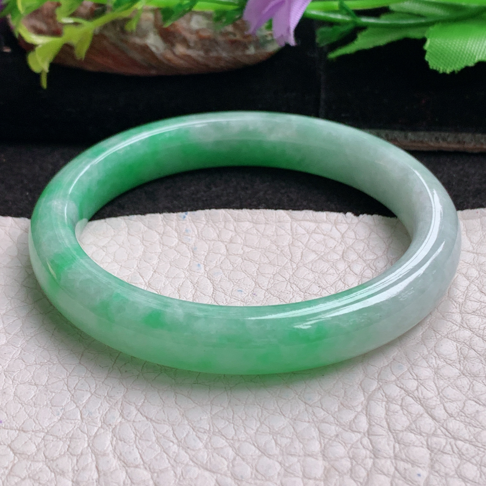 js招财款54*10*7.8平安镯 天然缅甸翡翠a货手镯半山水正圈玉镯子