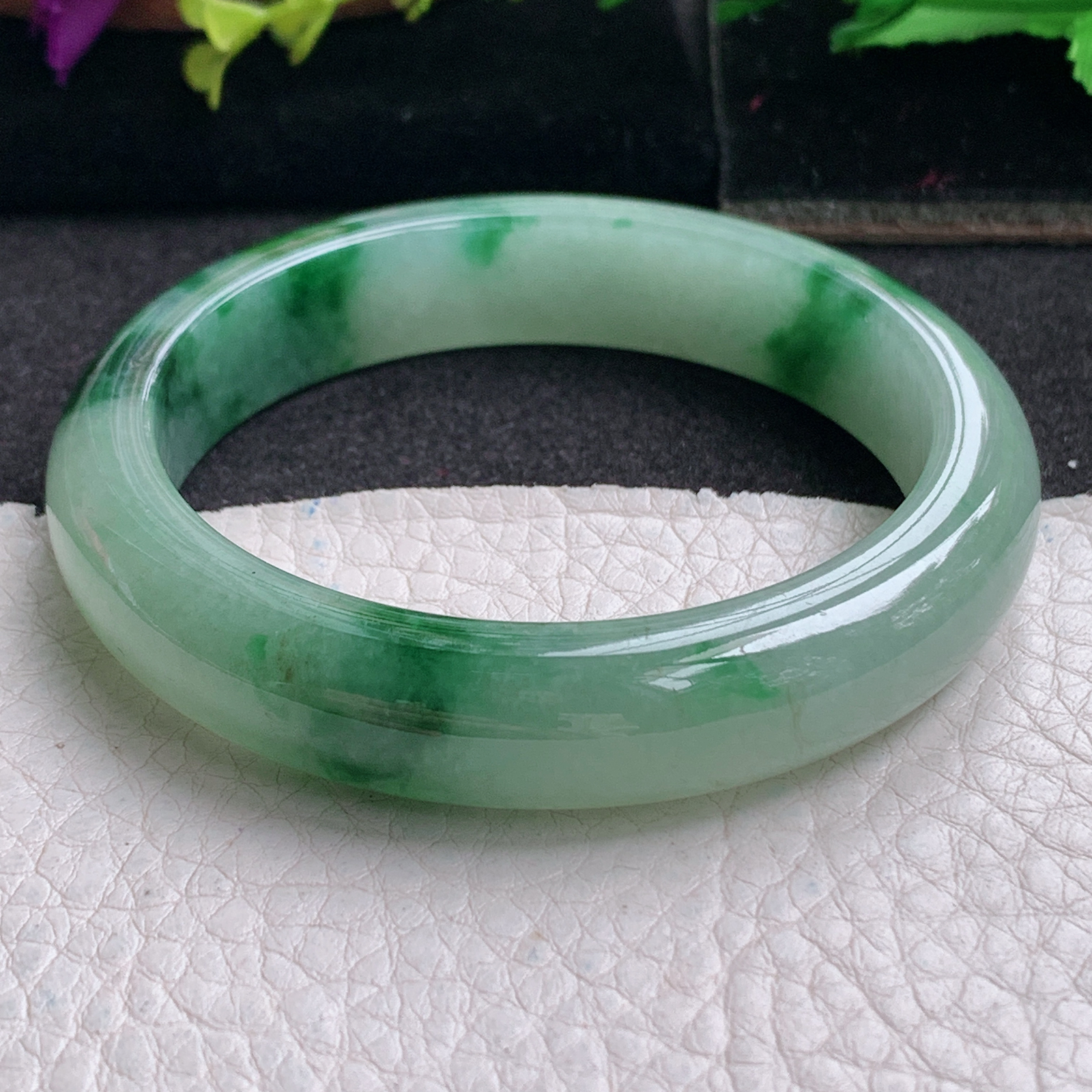 ll实拍53.5*11.8*7.8平安镯 天然缅甸翡翠a货手镯胶感飘花正圈玉镯子