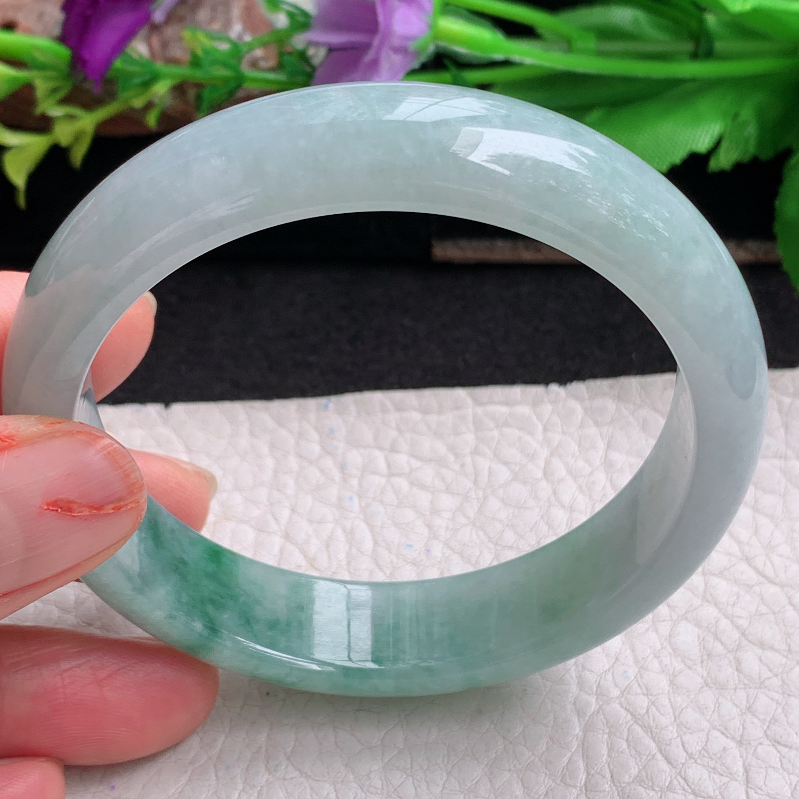 js实拍58*14*7.5平安镯 天然翡翠a货手镯胶感飘花正圈玉镯子