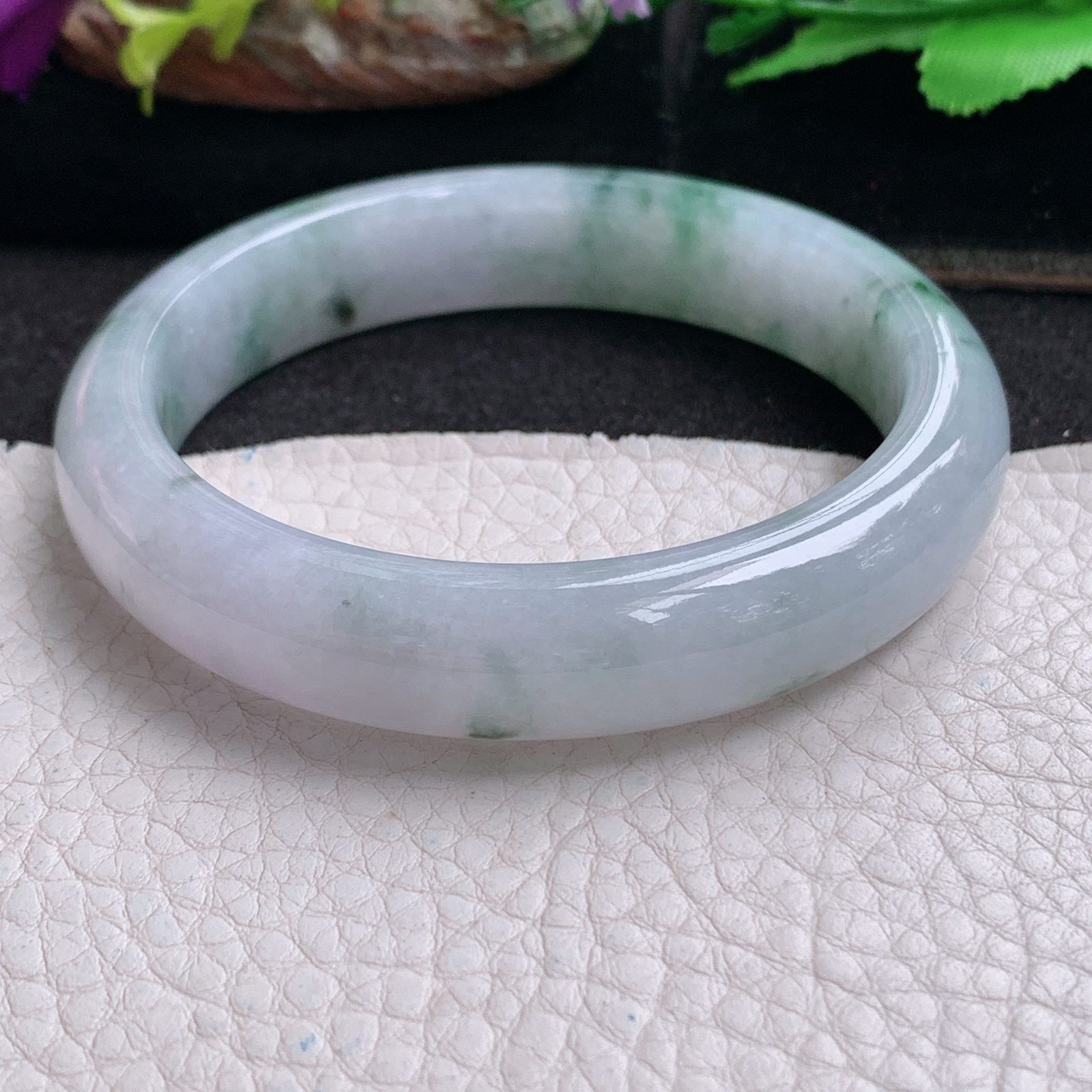 xx飘逸款57.5*12.8*8平安镯 天然缅甸翡翠a货手镯冰飘花正圈玉镯子