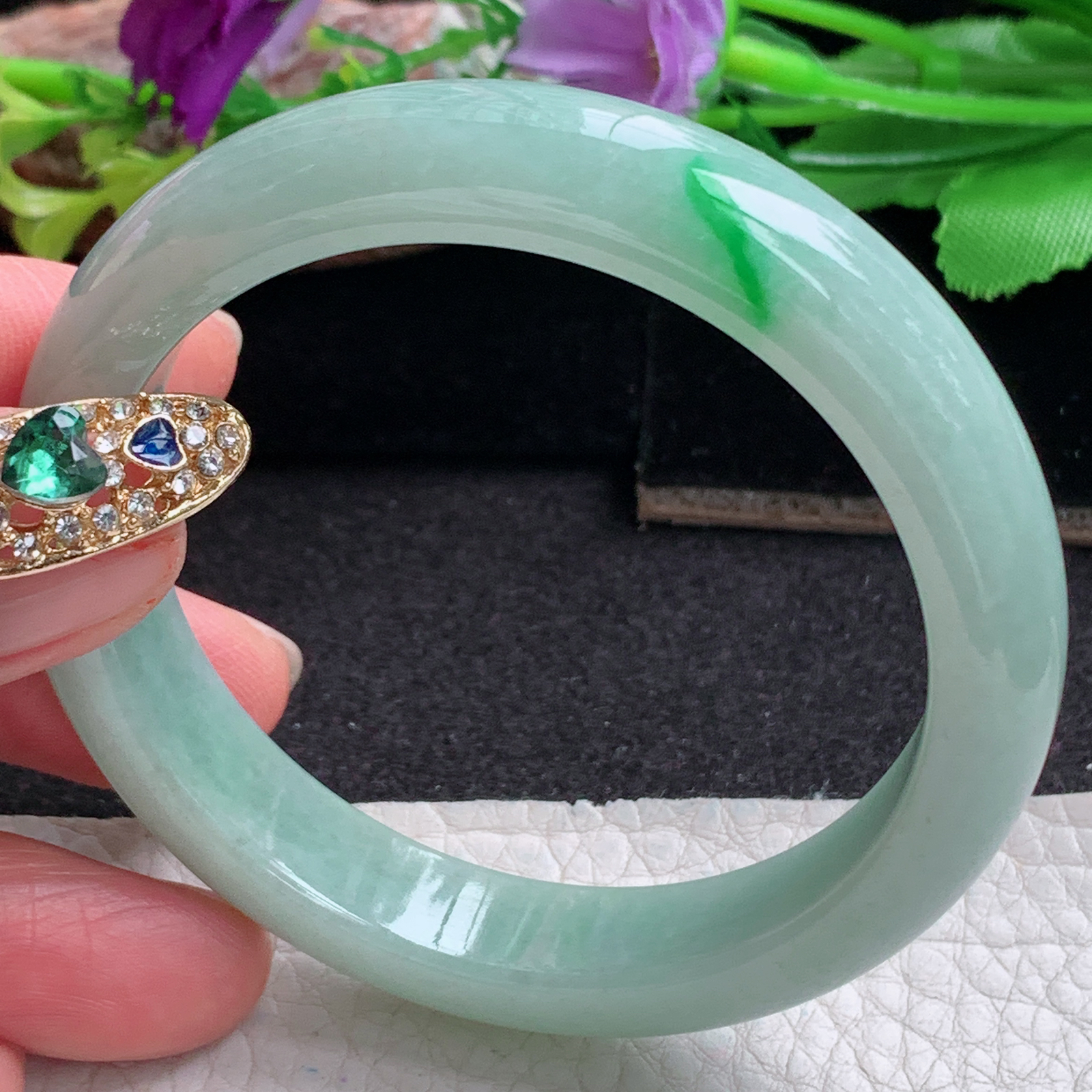 xx实拍53.5*11.3*7.3平安镯 天然缅甸翡翠a货手镯飘绿秀气正圈玉镯子