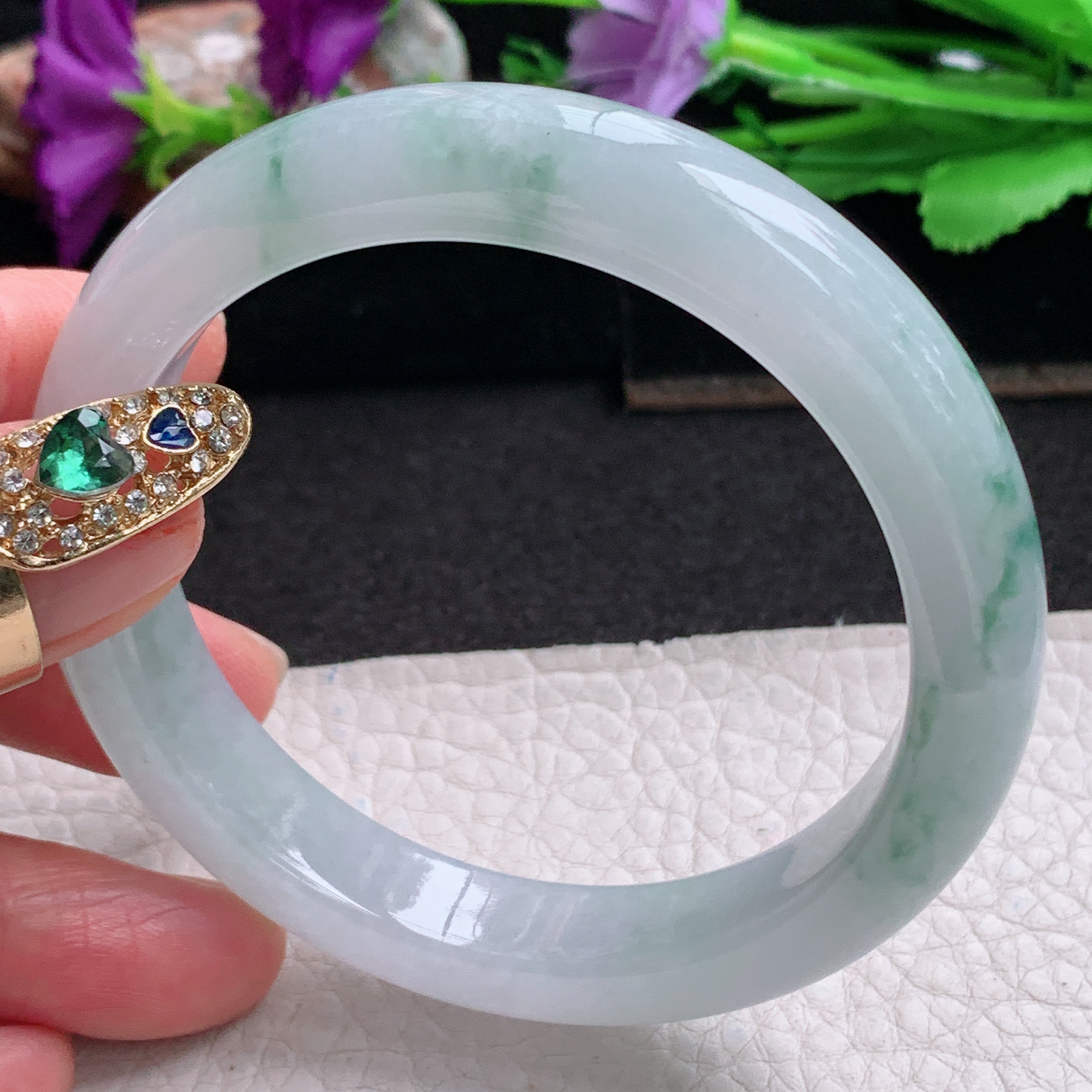 ll实拍57*11.8*8.2平安镯 天然缅甸翡翠a货手镯冰飘花正圈玉镯子