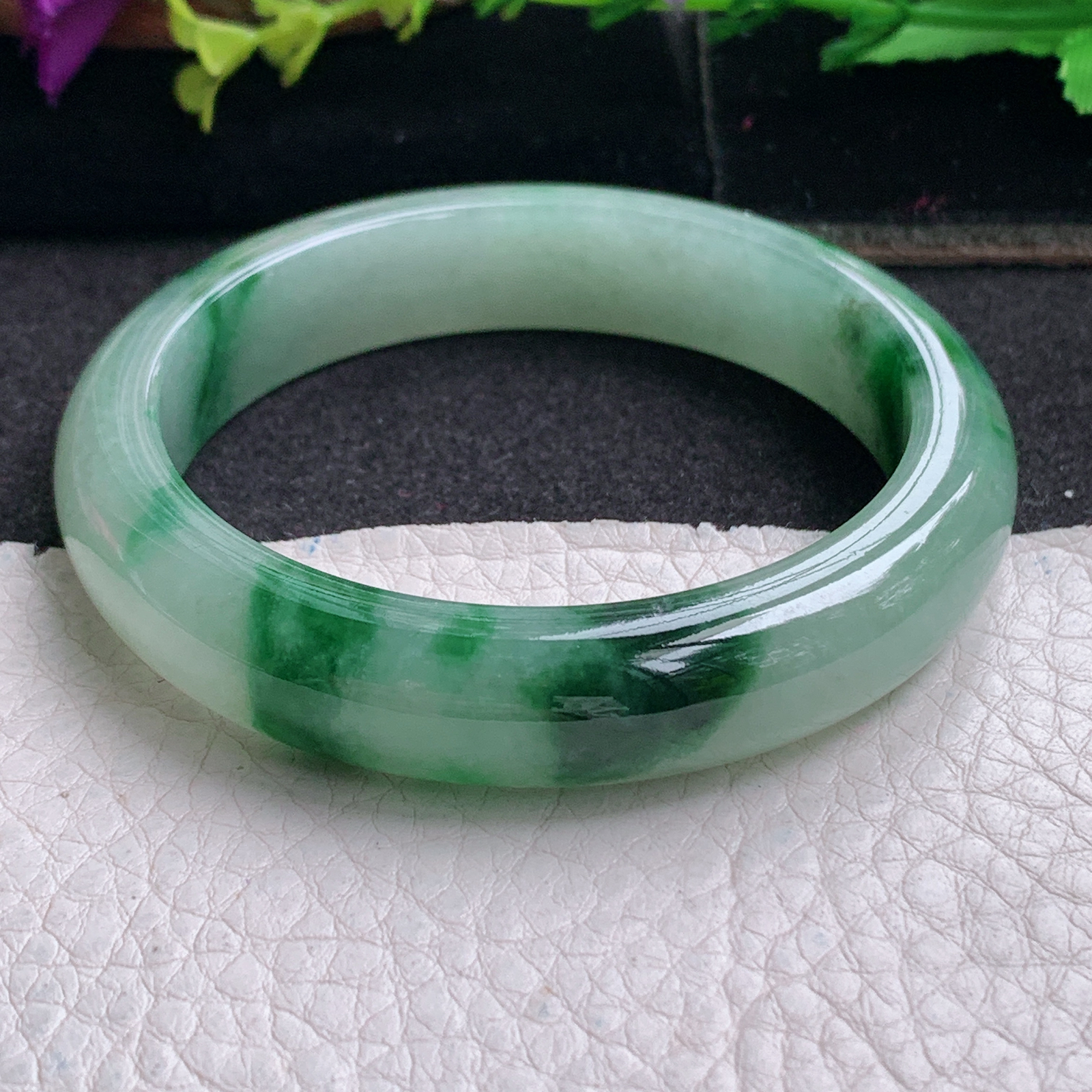 ll实拍53.5*11.8*7.8平安镯 天然缅甸翡翠a货手镯胶感飘花正圈玉镯子