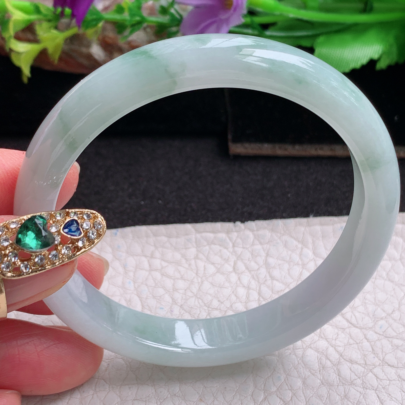 xx实拍56*10*7平安镯 天然缅甸翡翠a货手镯冰飘花正圈玉镯子