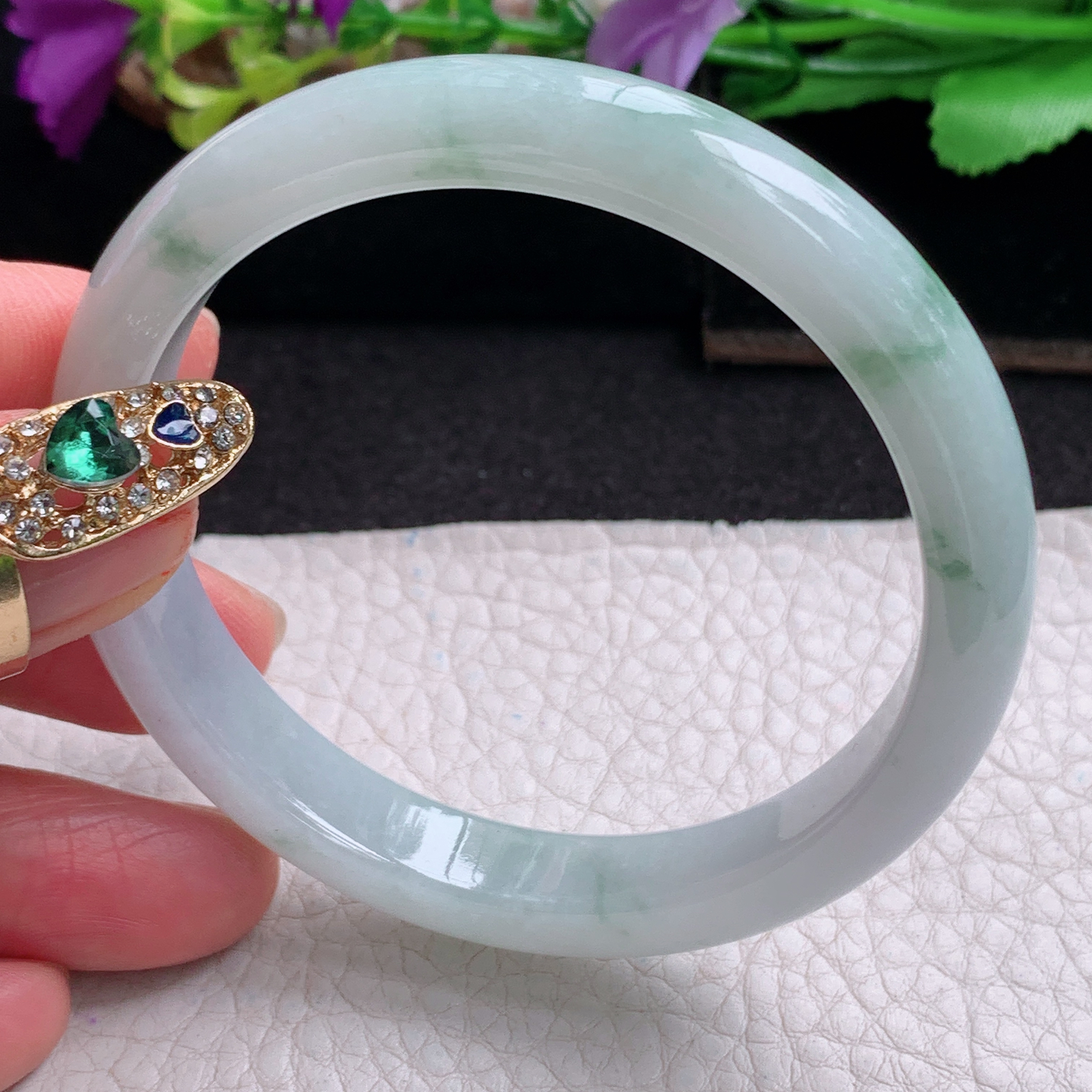 xx实拍56*10*7平安镯 天然缅甸翡翠a货手镯冰飘花正圈玉镯子