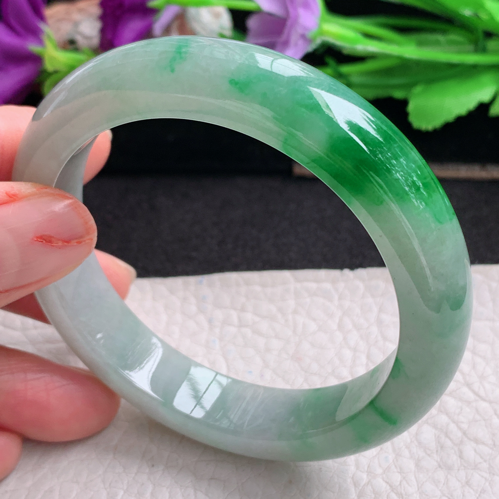 ll实拍56*12.6*8.3平安镯 天然翡翠a货手镯胶感辣绿正圈玉镯子