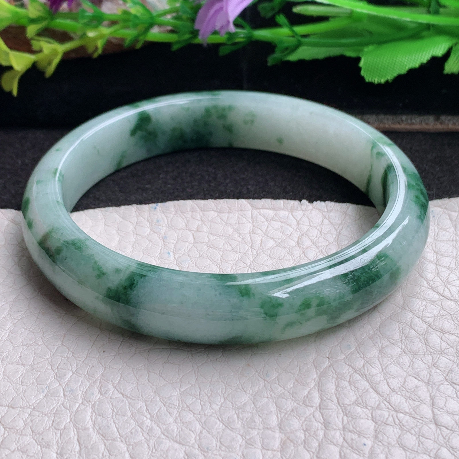 ll实拍59*12*7.5平安镯 天然翡翠a货手镯胶感飘花正圈玉镯子