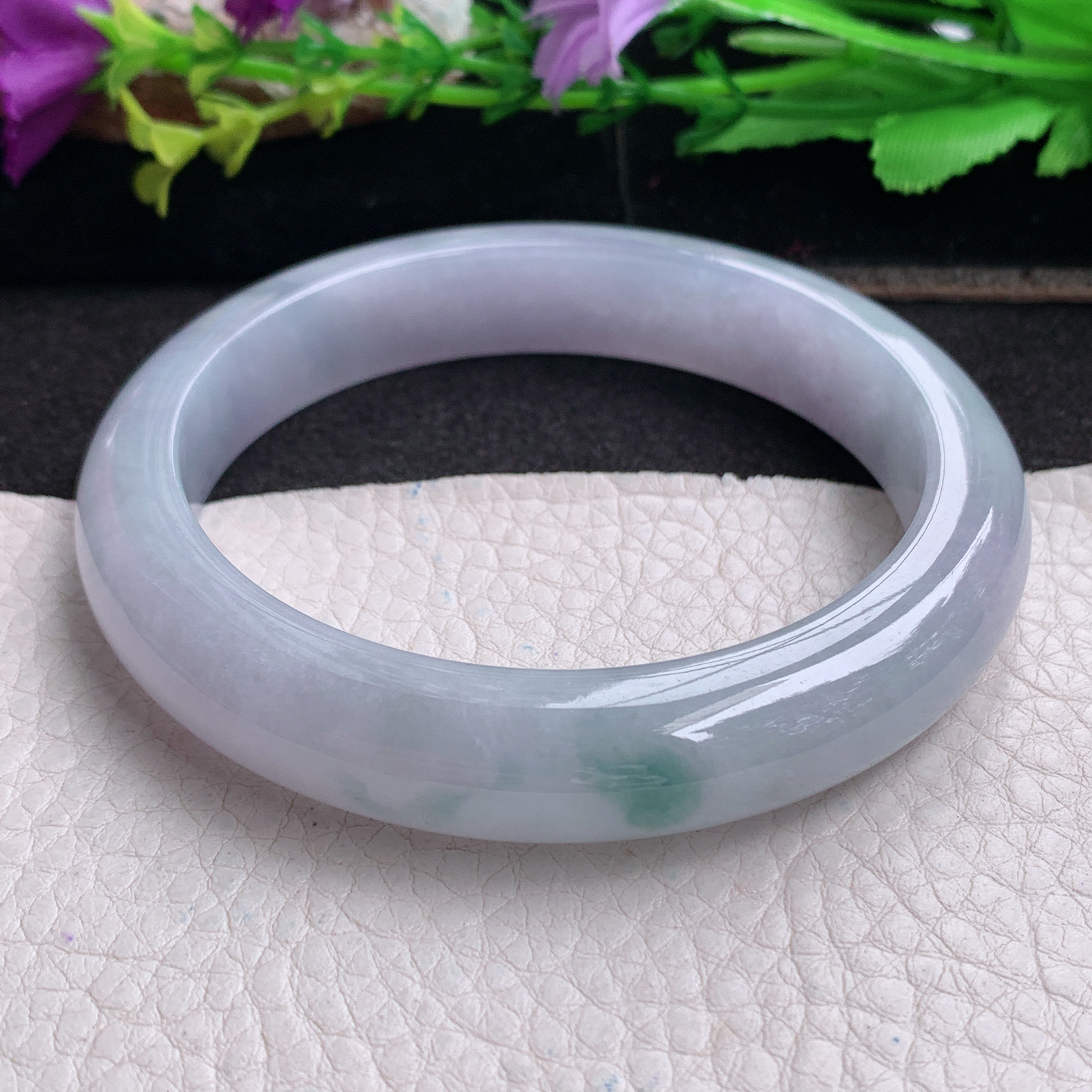 ll大圈口62.5*12.2*9平安镯 天然翡翠a货手镯胶感紫底飘花正圈玉镯子